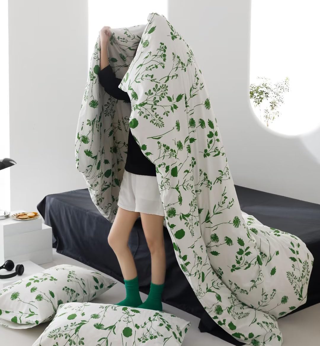 KAREVER Sage Botanical Comforter Set Full White and Green Floral Plant Bedding Comforter Set Girls Blanket Rustic Leaf Blossom Women White Farmhouse Comforter Full