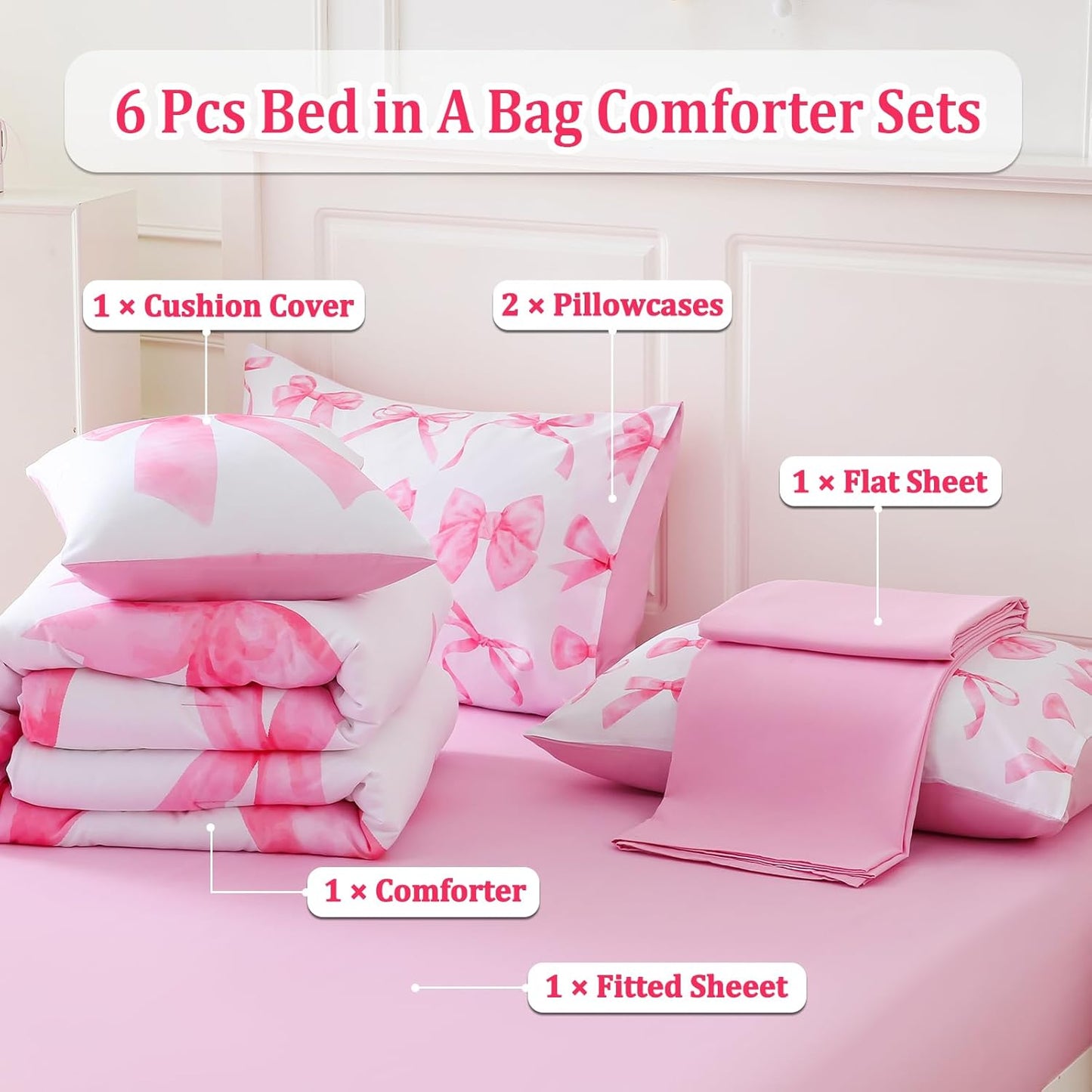 6 Pieces Full Comforter Sets with Sheets Pink Bed in a Bag for Girls,Bow Comforter Set,Bow Full Bedding Sets for Kids