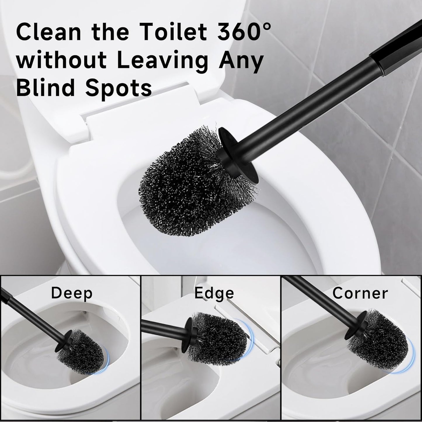 Toilet Brush and Holder Set, 2 Pack Toilet Bowl Brush with Long Non-Slip Handle, Deep Toilet Cleaner Brush, Toilet Scrubber, Black
