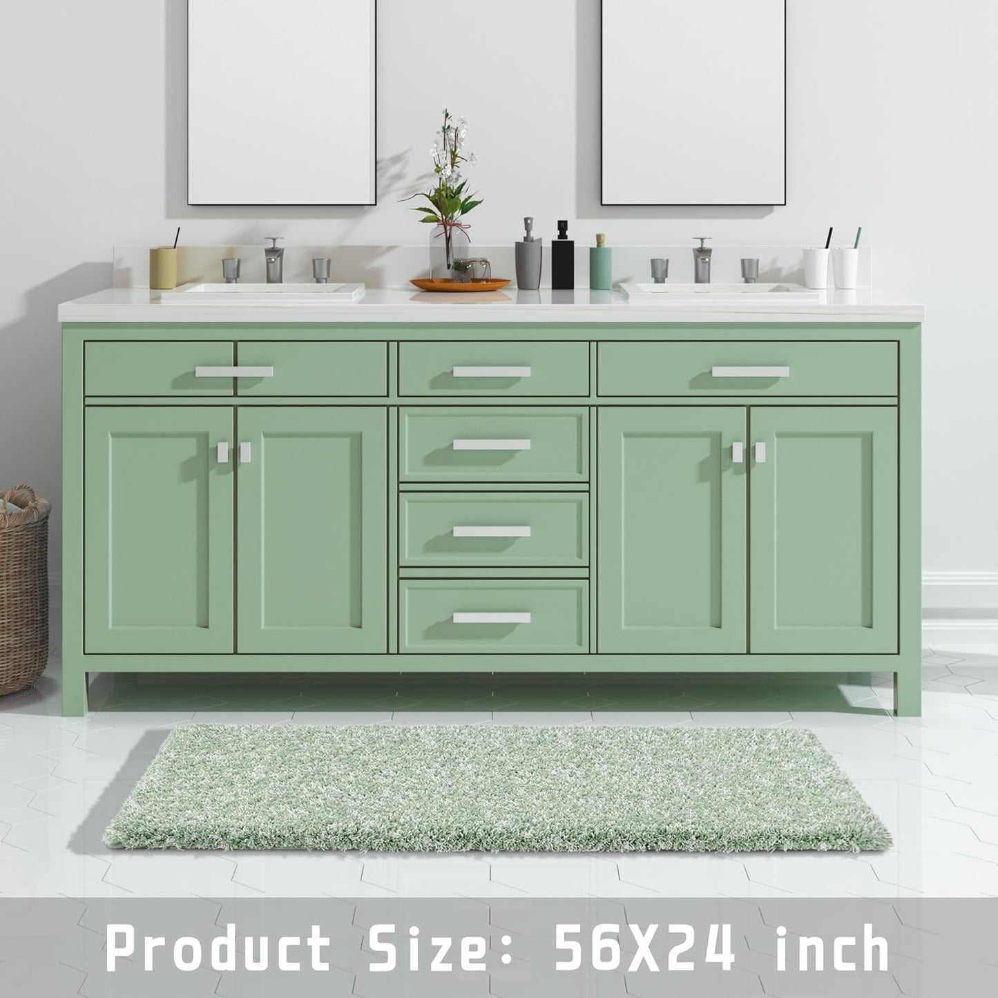 Yimobra Luxury Bathroom Rugs, Fluffy Bath Mats, Non Slip, Water Absorbent Microfiber, Machine Washable, Plush Runner Shower Rugs, Thick Matts for Bathroom Floor&Tub, 56"x 24", Light Green and White