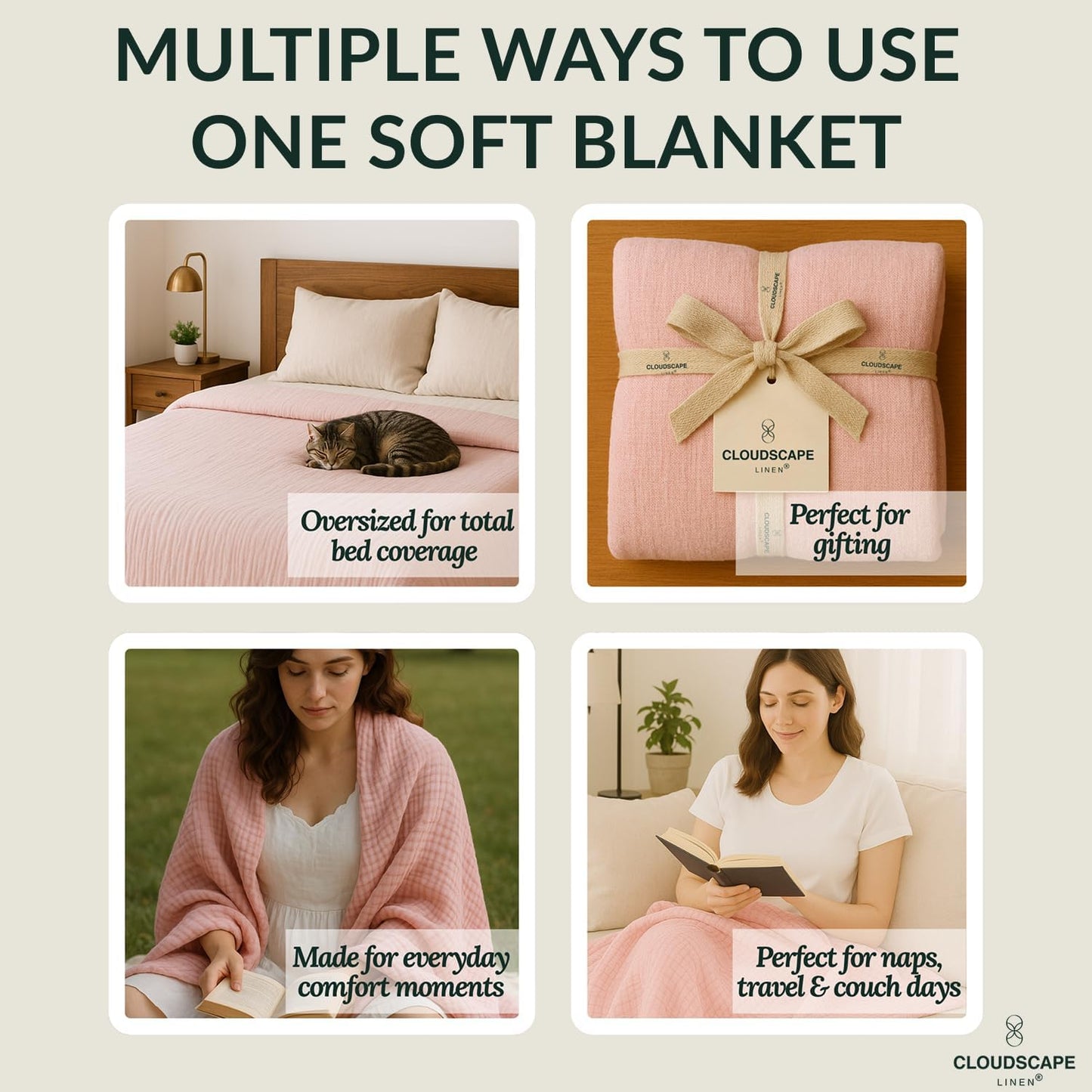Cloud Scape Linen 8-Layer Muslin Blanket Queen Size - 100% Cotton, Soft and Breathable, Oversized Winter Blanket, Fits up to Full Size Bed, 92x92, Seashell Pink