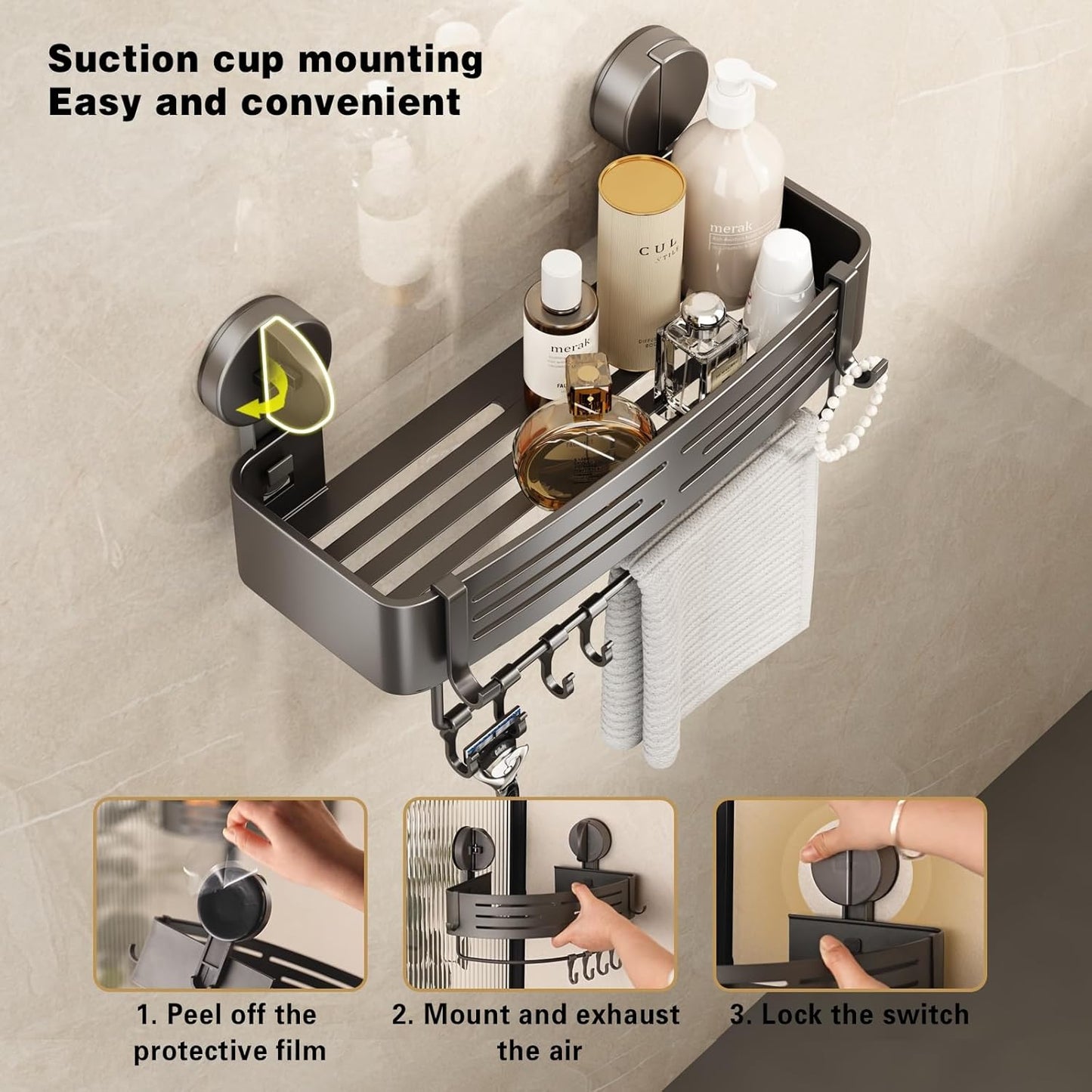 VOLPONE Corner Shower Caddy Suction Cup Shower Shelf Corner No Drilling Bathroom Shower Organizer Storage Rack Adhesive triangle with towel bar hooks 3 tier gray