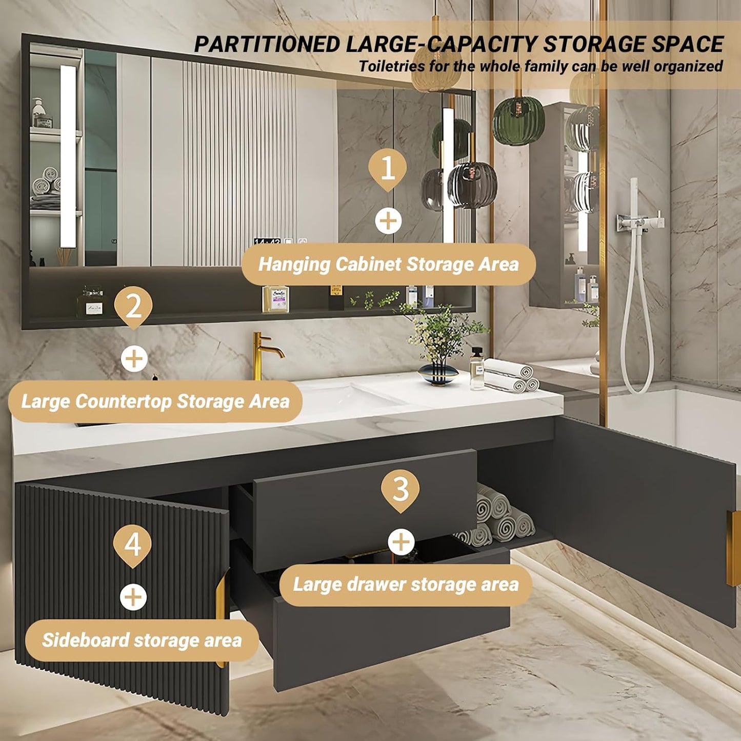 Bathroom Vanity with Double Sink, Modern Bathroom Vanities Compo Includes LED Smart Defogging Mirror Cabinet and Open Shelf, Solid Wood Bathroom Sink Vanity with Slate Countertop (Dark Grey,84")