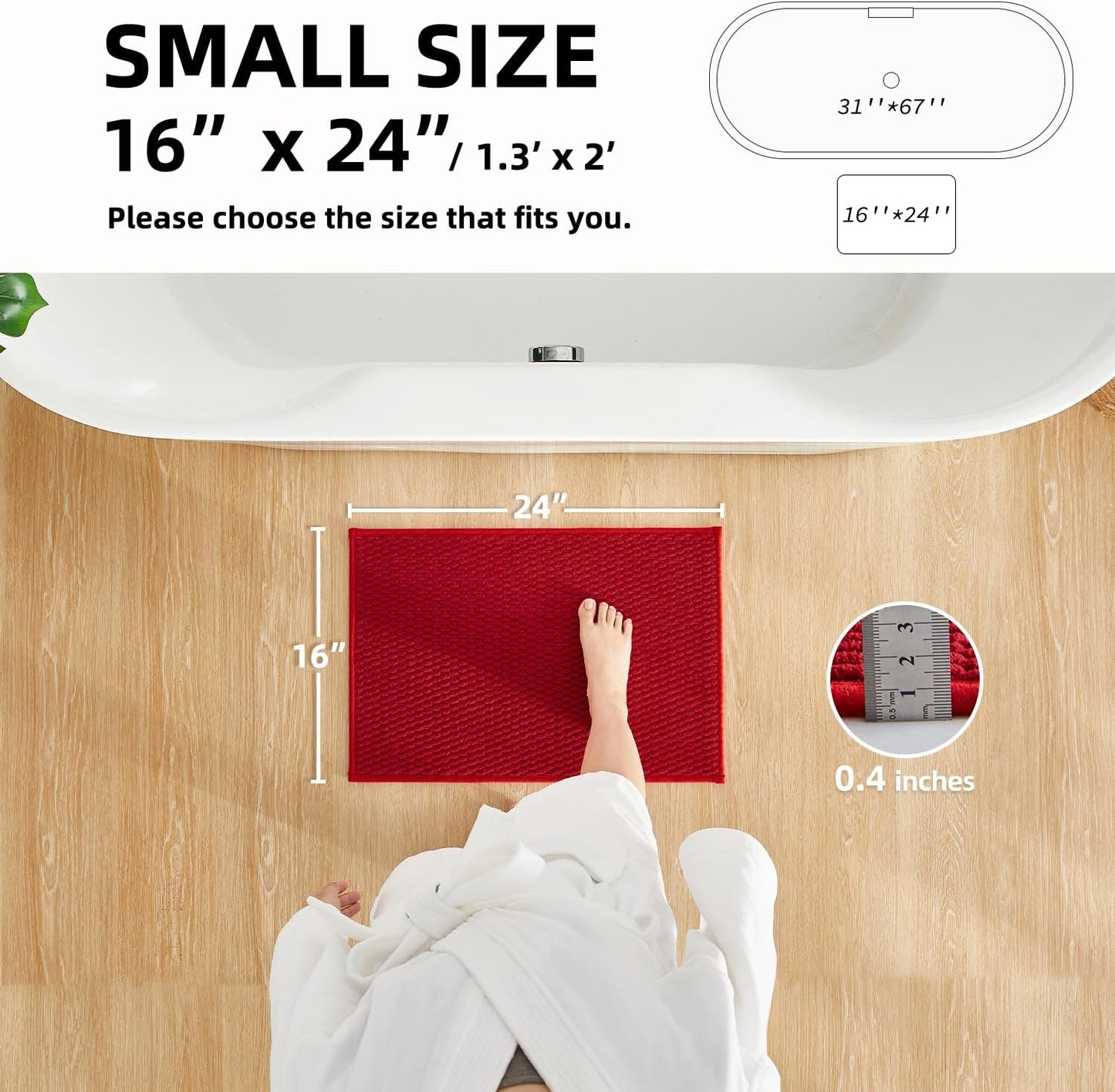 Christmas Bathroom Rugs Non Slip Washable, Super Absorbent Thin Bath Mat Small Quick Dry Low Pile Bathroom Rug, Red 16"x24"