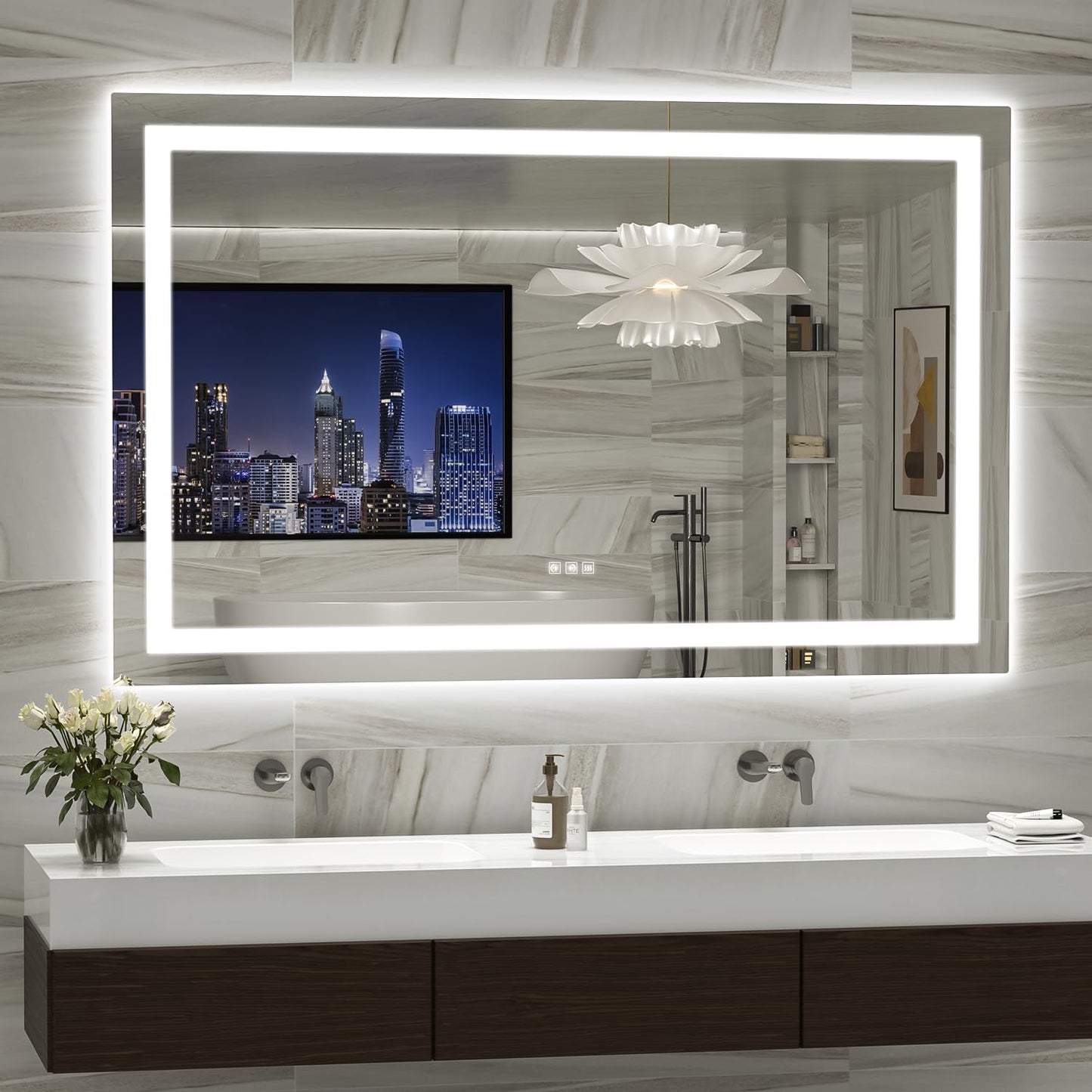 LED Mirror for Bathroom, 55x36 Inch Backlit + Front Lighted Bathroom Vanity Mirror with Lights, Double Light Strips, 3 Colors, Shatter-Proof, Anti-Fog and Brightness Memory
