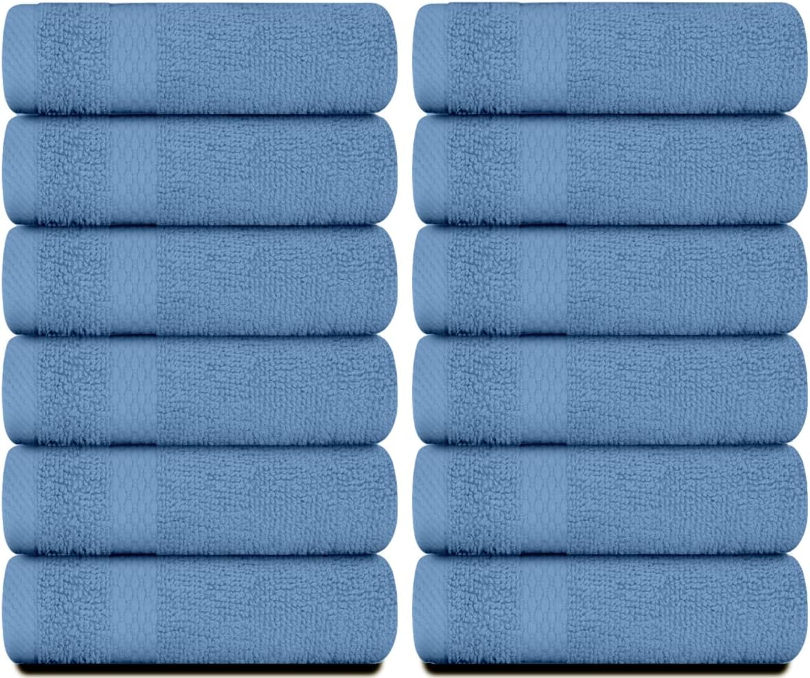 White Classic Luxury Cotton Washcloths 13x13 Inch - 650 GSM Turkish Cotton | Hotel, Spa, Bathroom Face Towel | 12 Pack, Light Blue