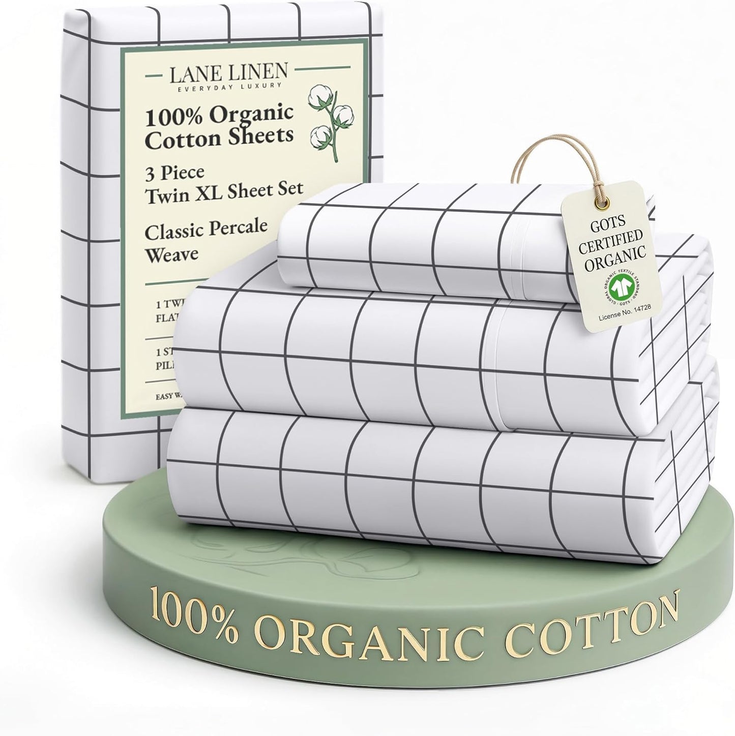 LANE LINEN 100% Organic Cotton Twin XL Bed Sheets, Sustainably Produced Okeo Tex Certified Cotton Sheets, Luxury Hotel Percale Soft & Comfy Comes in Variety of Prints & Colors - Windowpane