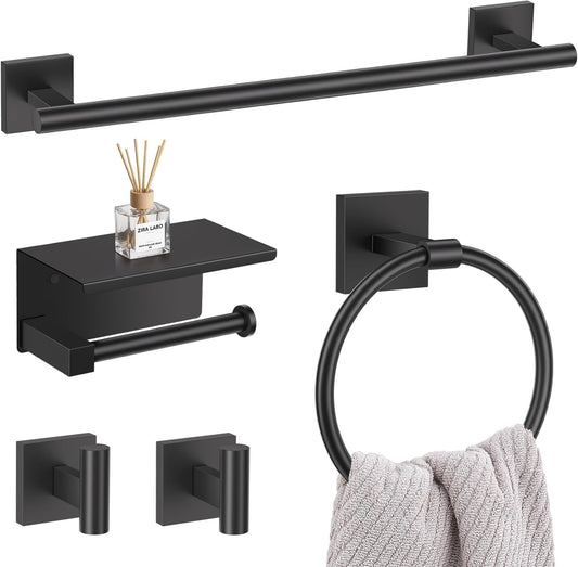5-Piece Black Bathroom Hardware Set, SUS304 Stainless Steel Bathroom Accessories Set 23.6 inches Towel Bar, Toilet Paper Holder with Shelf, Towel Ring and Two Towel Hooks Wall-Mounted