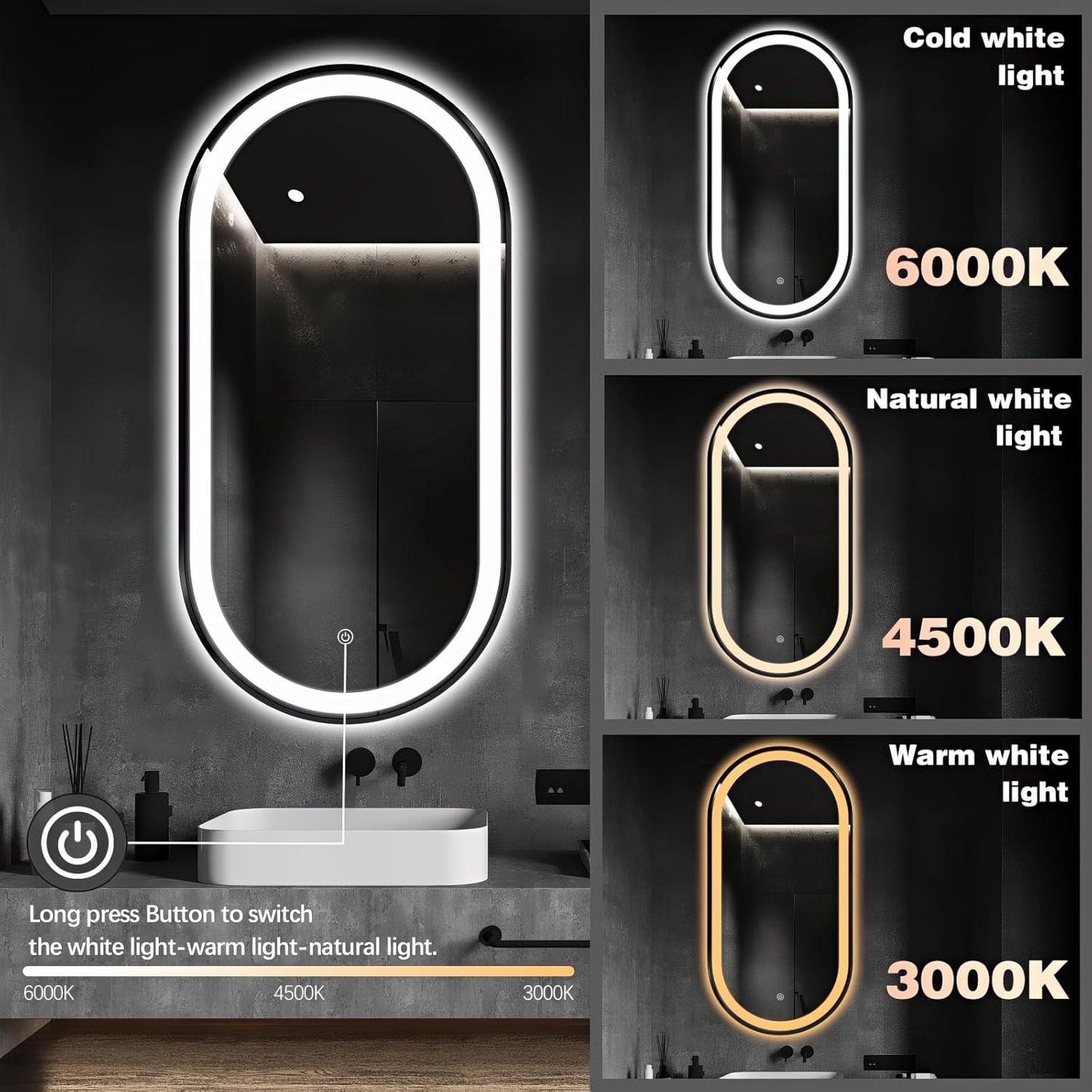 51" x 27" Oval LED Bathroom Mirror with Lights, Black Metal Framed Anti-Fog LED Vanity Mirror, Lighted Bathroom Mirrors Wall Mounted, Stepless Dimmable, Shatter-Proof, Horizontal/Vertical