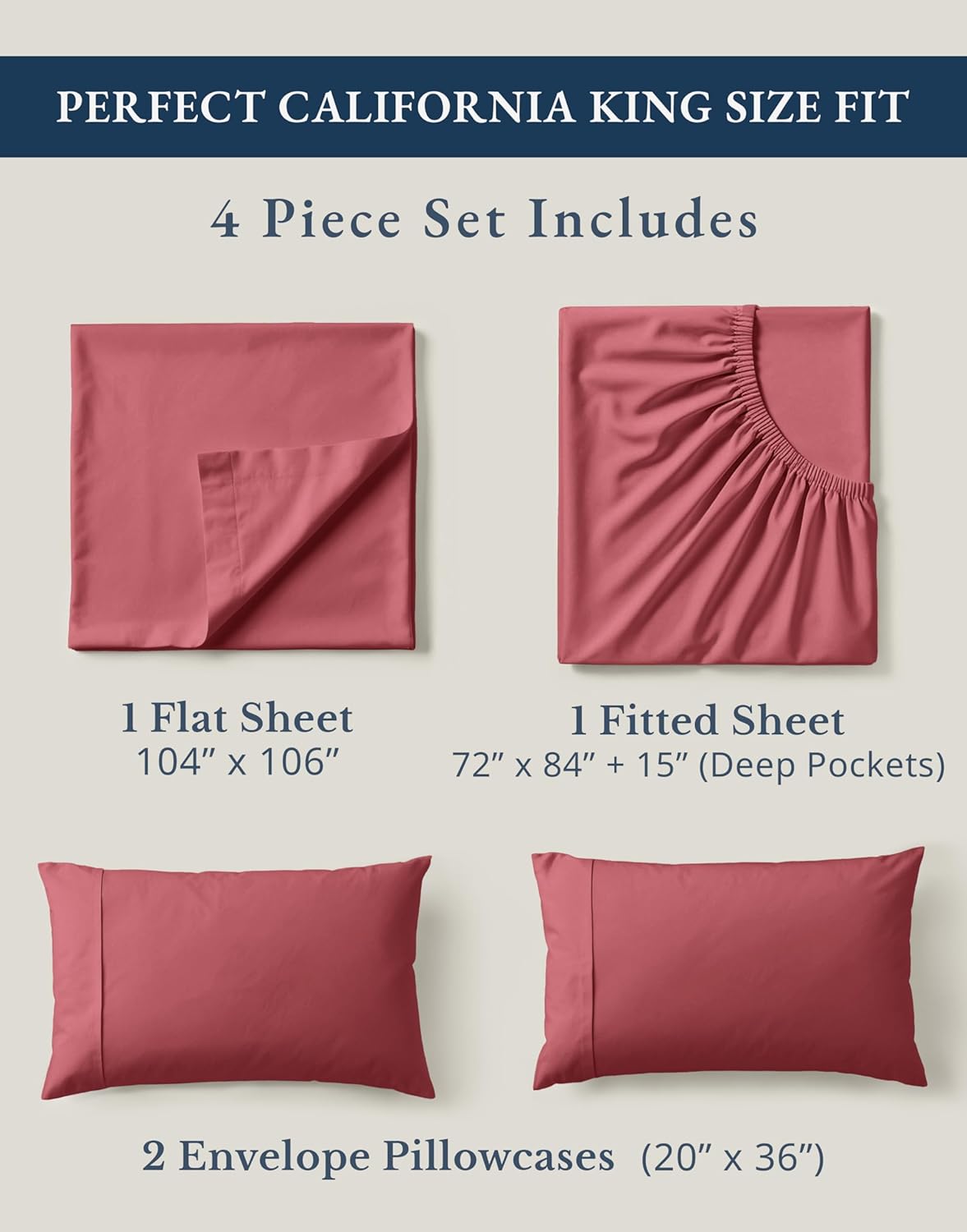 LANE LINEN 100% Organic Cotton California King Sheets Set, 4-Piece Pure Organic Cotton Long Staple Percale Weave Soft Best Bedding Sheets for Bed, Breathable, Fits Mattress Upto 15" Deep - Mineral Red