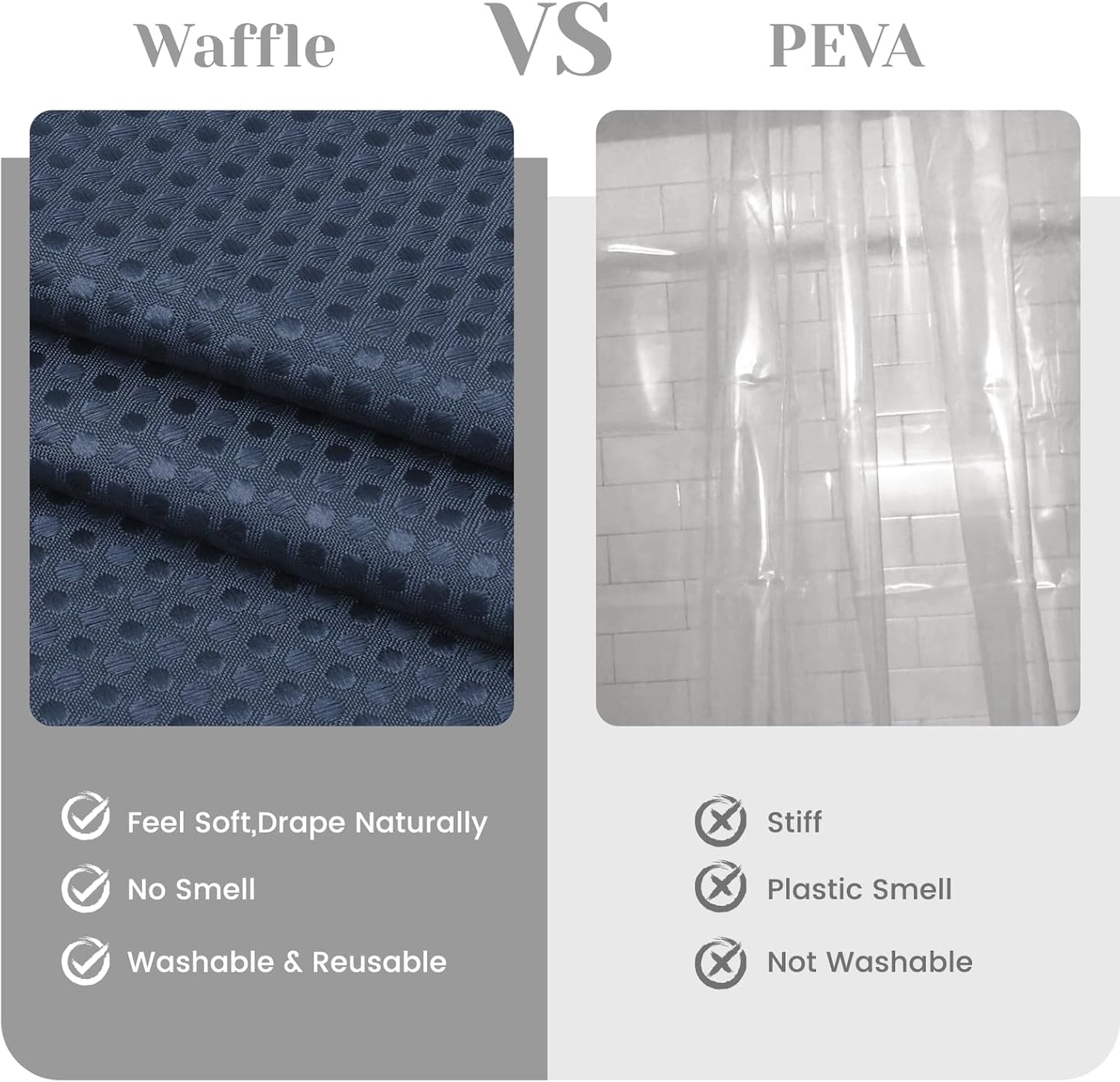 No Hook Shower Curtain with Snap in Liner Set Waffle Shower Curtain for Bathroom Hotel Style Fabric Waterproof Inner Liner，71" W x 86" H, Navy Blue
