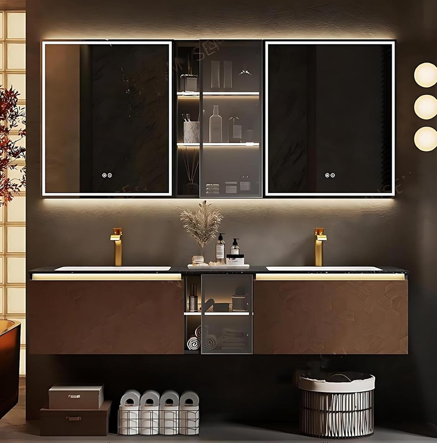 64" Double Bathroom Sink Vanity, Modern Bathroom Vanity Includes LED Smart Defogging Mirror Cabinet & Semi-Open Storage & Ceramic Basin, Floating Bathroom Cabinet with Sensor Light (Dark Brown)