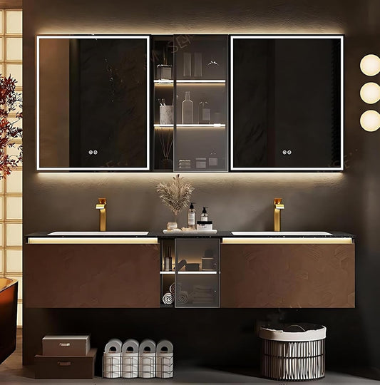 92" Double Bathroom Sink Vanity, Modern Bathroom Vanity Includes LED Smart Defogging Mirror Cabinet & Semi-Open Storage & Ceramic Basin, Floating Bathroom Cabinet with Sensor Light (Dark Brown)