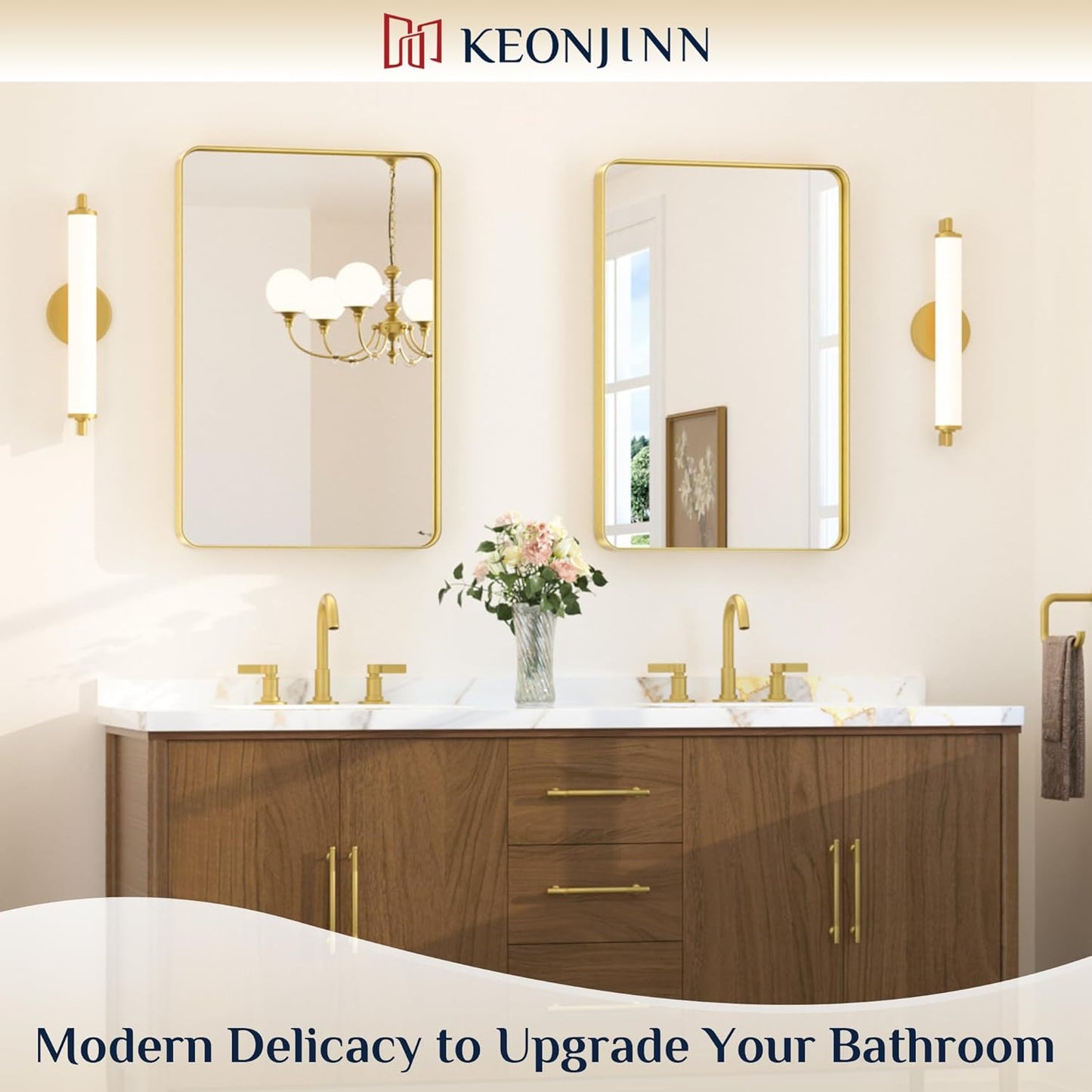 Keonjinn Gold Bathroom Mirrors for Wall 20 x 30 Inch Rounded Rectangle Gold Vanity Mirror, Brushed Brass Mirror with Metal Frame, HD Tempered Glass, Decorative Farmhouse Mirror(Horizontal/Vertical)