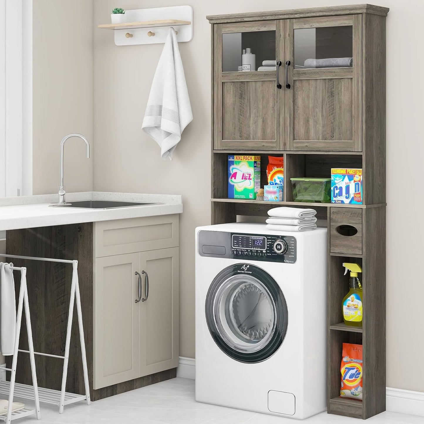 Vabches Over-The-Toilet Storage Cabinet with Double Doors, Toilet Paper Holder Stand & Adjustable Shelf, Freestanding Space Saver, Grey