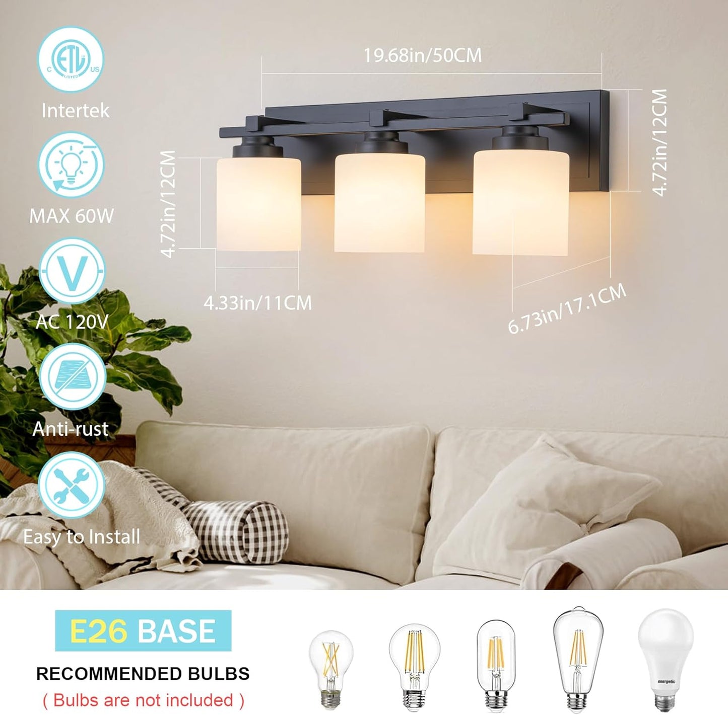 3 Light Modern Bathroom Light Fixtures Over Mirror, Black Vanity Lights for Bathroom Wall Sconces with Milky White Glass Shades, E26 Socket (Bulbs Not Included)