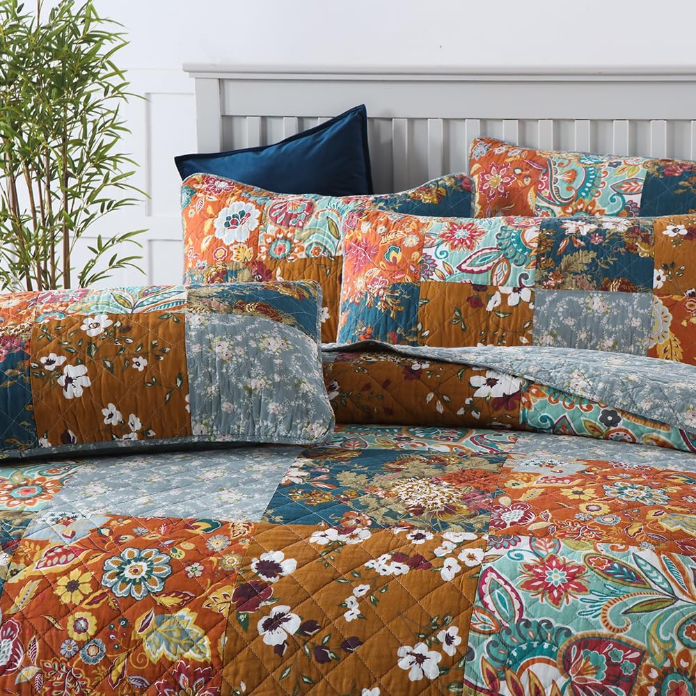 Cotton Bedspread Quilt Bedding Sets 3 Pieces Reversible Coverlet Sets Comforters Luxury Paisley Floral Patchwork Brown Bedspread, King Size