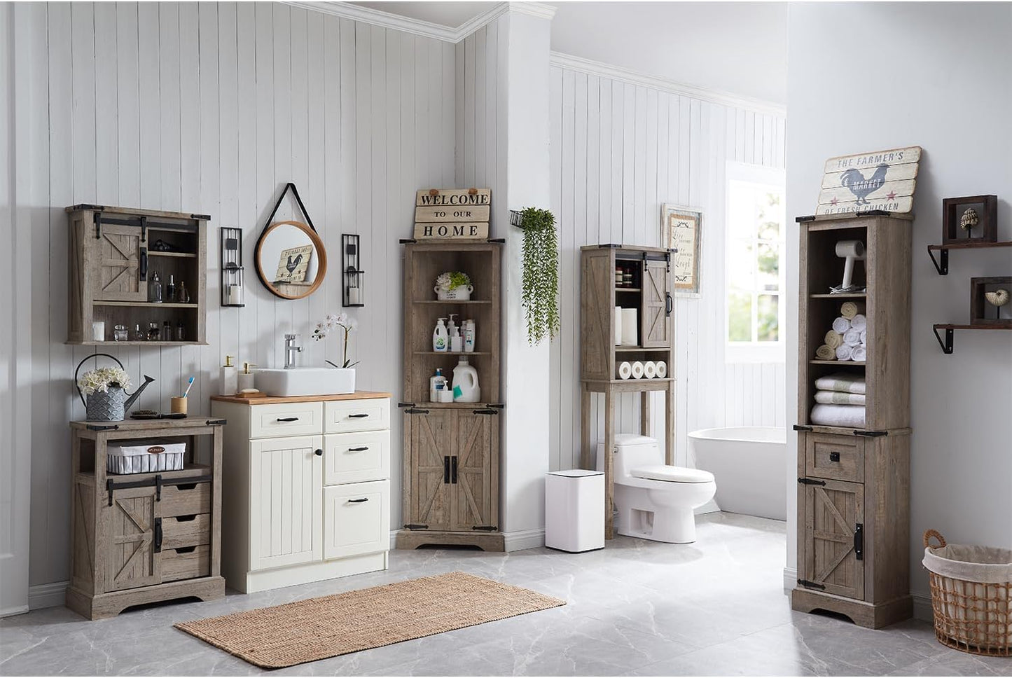 RedLemon Farmhouse Over The Toilet Storage Cabinet Set of 2, 68" Tall with Sliding Barn Doors & Adjustable Shelves, Rustic Above Toilet Storage Cabinet, Light Rustic Oak