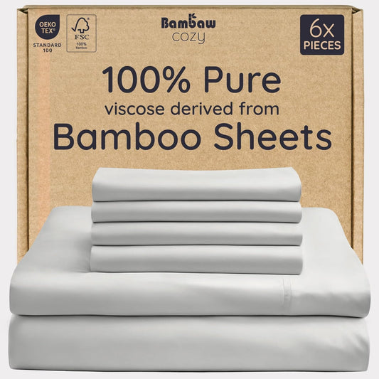 Bambaw 100% Viscose Derived from Bamboo Queen Size 6 Piece Sheet Set - Cooling Bed Sheets, Deep Pocket Queen Sheets, Fits Up to 16'' Mattresses (Moonlight Gray)