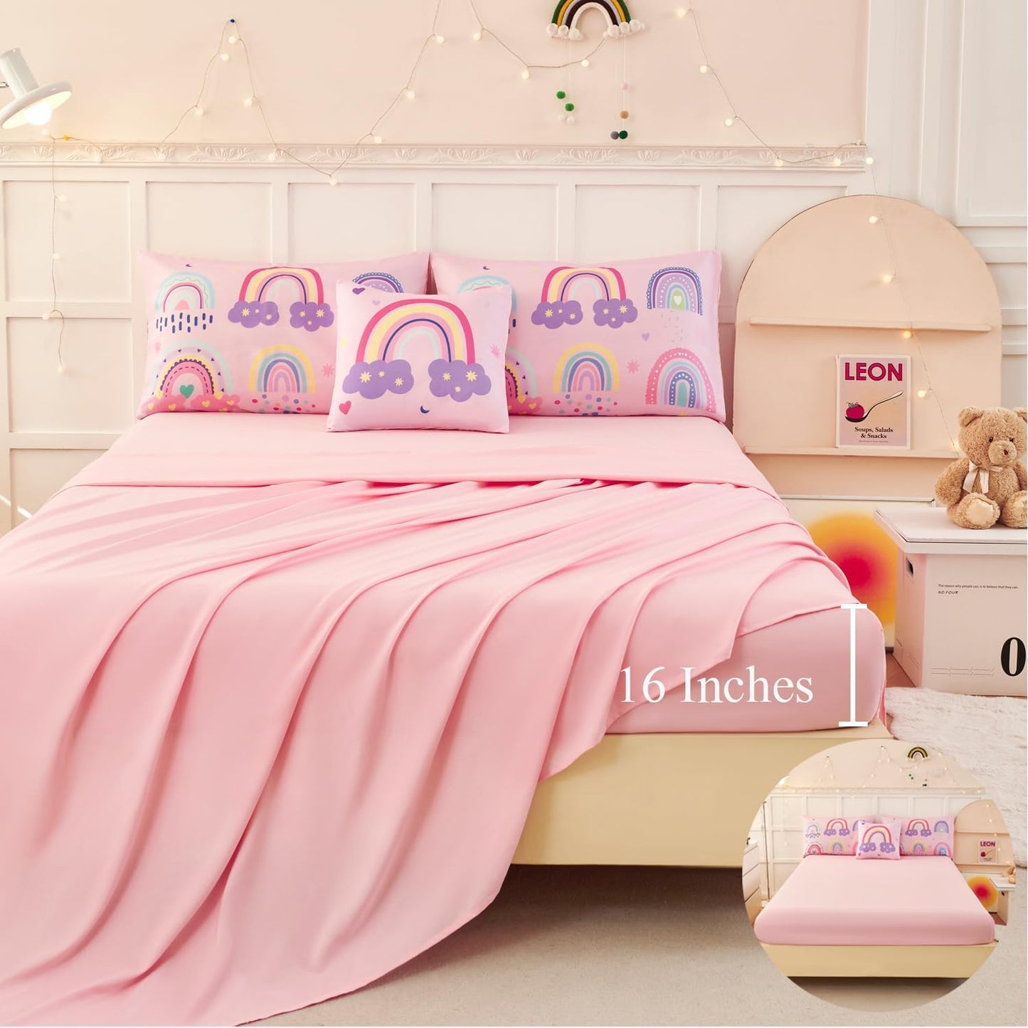 ANGIYUIN Colorful Rainbow Twin Size Comforter Set for Girls Cartoon Clouds Love Hearts Bedding Set with Sheets 6Pcs Kids Bed in A Bag, Pink, Twin
