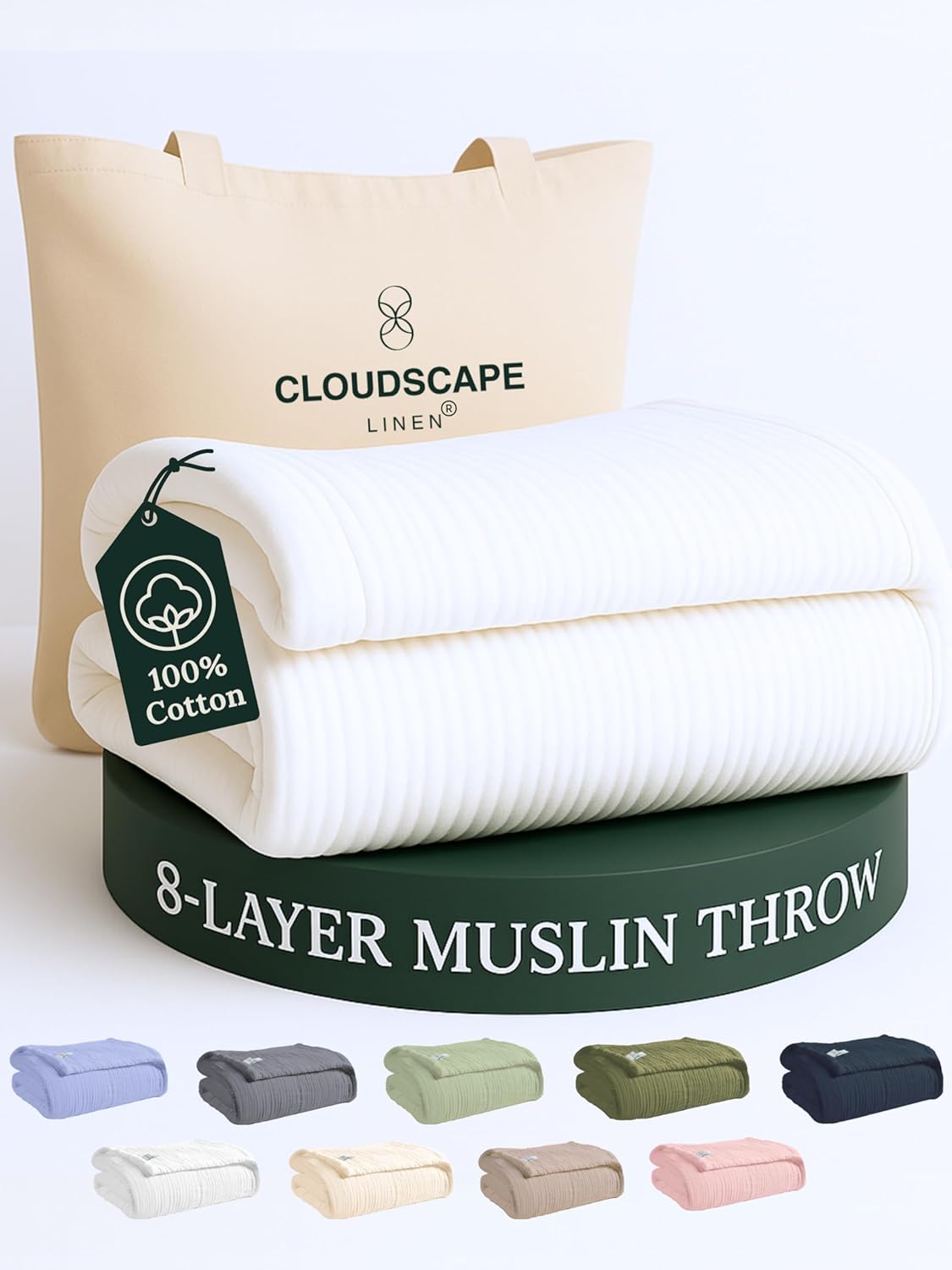 Cloud Scape Linen Extra Large 8 Layer Muslin Throw Blanket - 100% Cotton Gauze, Soft and Breathable, Winter Blanket for Couch, Sofa and Bed, Idea, 50x70, White