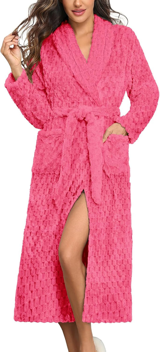 Ekouaer Women's Robe Long Plush Soft Bathrobe Jacquard Color Block Robes Shawl Collar Sleepwear with Pockets S-XXL