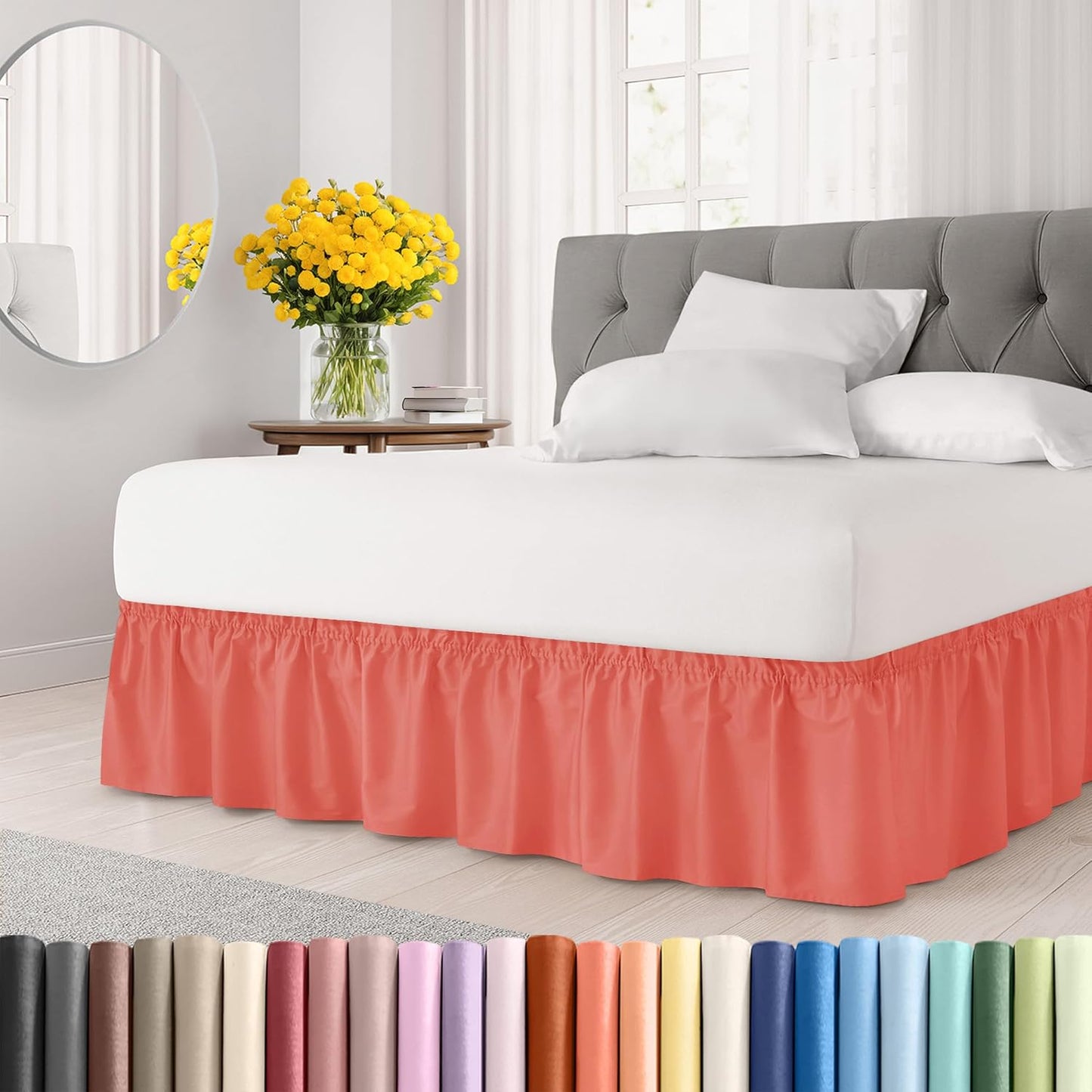 Wrap Around Dust Ruffle Bed Skirt - Coral - for King Size Beds with 15 Inch Drop - Easy Fit Elastic Strap - Adjustable Pleated Bedskirt w/Brushed Fabric - Wrinkle Free - for Women, Men, Kids & Teens