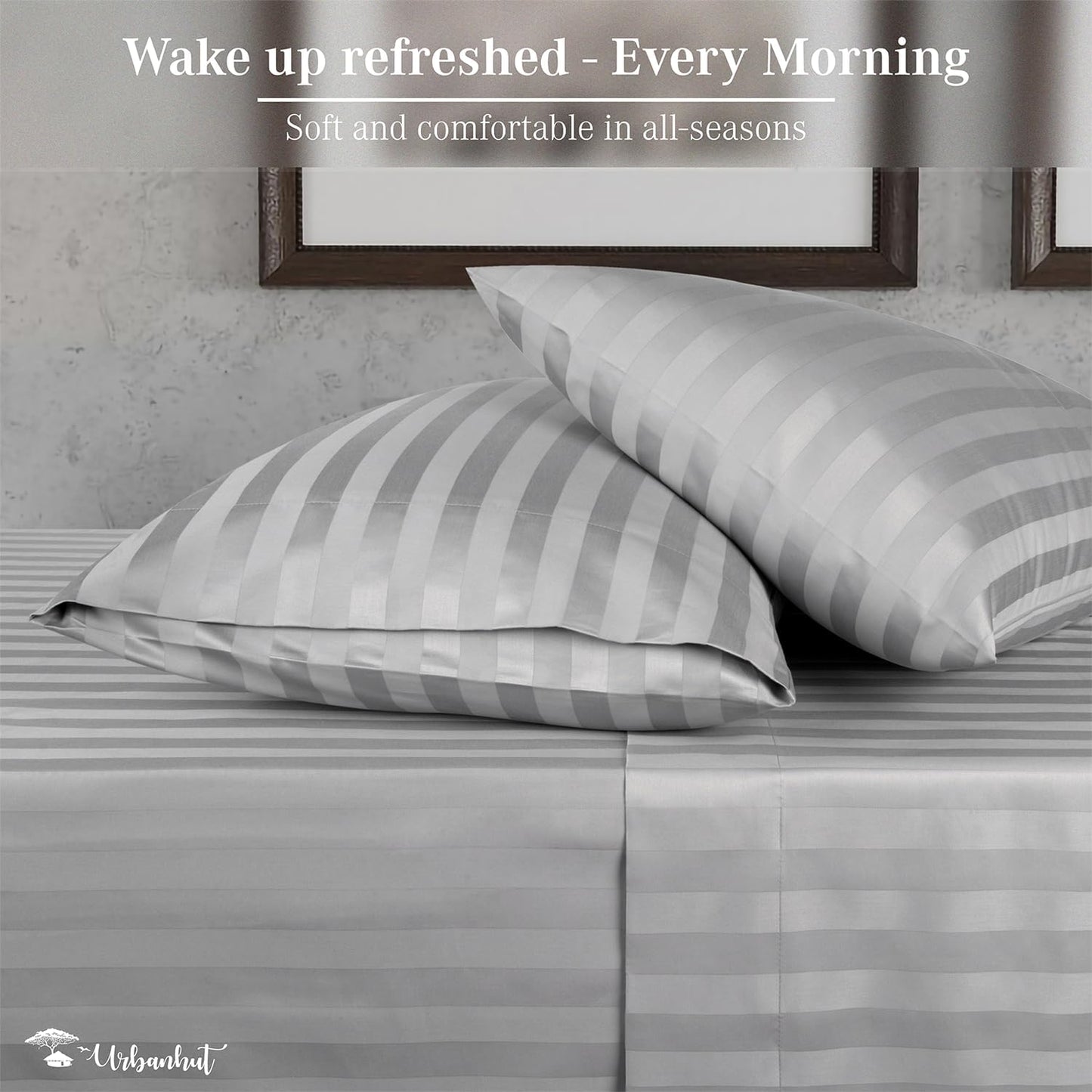 URBANHUT 1000 Thread Count Egyptian Cotton Sheets Damask Striped Queen Size, Breathable Long Staple, 4 Pc Bed Sheet Sets, Luxury Hotel Sateen Sheets Fits 16" Deep Pocket - Silver Grey