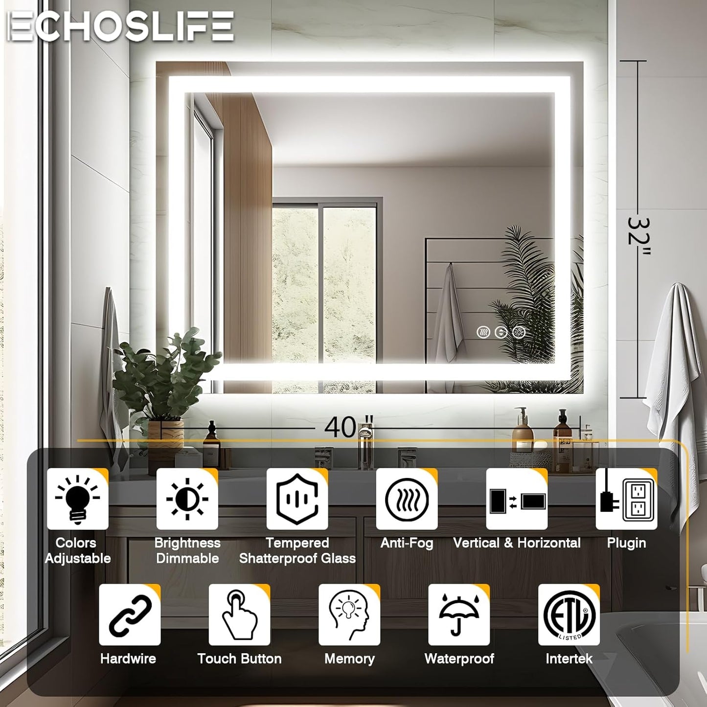 40"x32" LED Bathroom Mirror for Wall, Front and Backlit, Anti-Fog Vanity With Lights, Stepless Dimmable, 3 Colors Smart (Horizontal/Vertical)