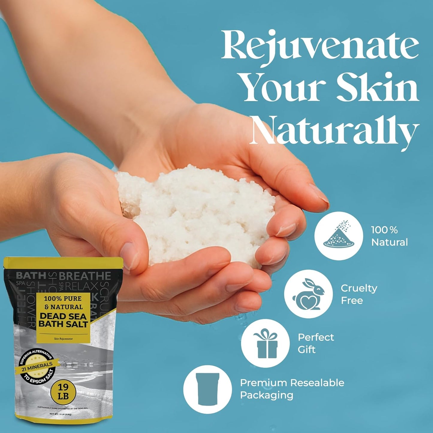 Aromasong Dead Sea Salt - Spa Bath Salt - 19 Lbs Fine Grain Bulk - 100% Pure - Better Absorbing Than Epsom Salt - Soak for Women & Men for Skin Issues and to Relax Tired Muscles - Resealable Pack.