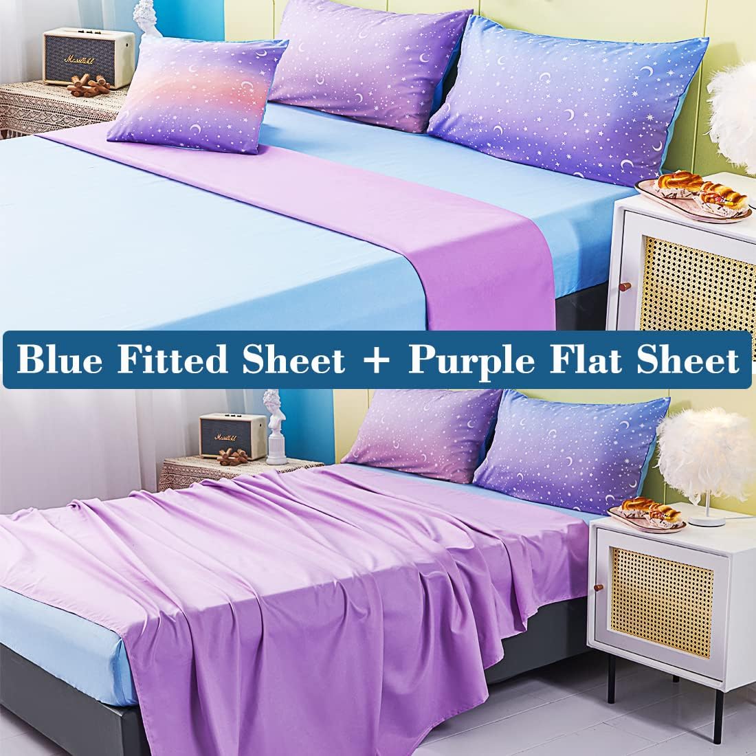 URBONUR Twin Comforter Set for Girls 6Pcs Bed in a Bag Gradient Purple Orange Blue Moon Stars Comforters Soft Lightweight Kids Bedding Set for All Season (Star, Twin Size)