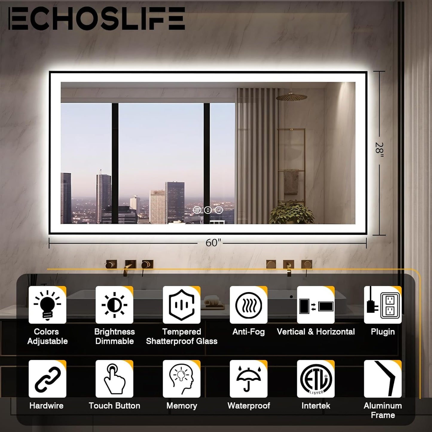 60x28 LED Bathroom Mirror for Wall - Black Aluminum Framed (Front and Backlit), Anti-Fog Vanity Mirror with Lighting, Stepless Dimmable, 3 Colors Smart Design (Horizontal/Vertical)