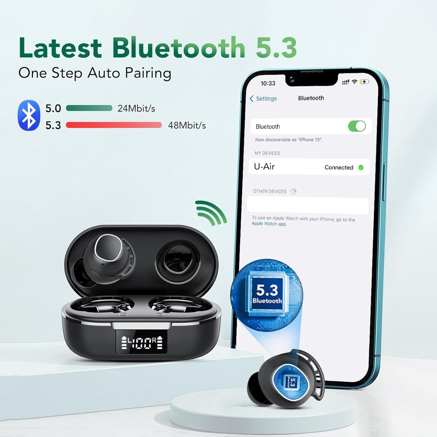 Tiksounds Ear Buds Mini Wireless Earbuds, Bluetooth 5.3 Headphones Bass Stereo, 60H Playtime Noise Cancelling Earbuds with 4 Mic, IP8 Waterproof Lightweight in Ear Earphones for Workout/Running