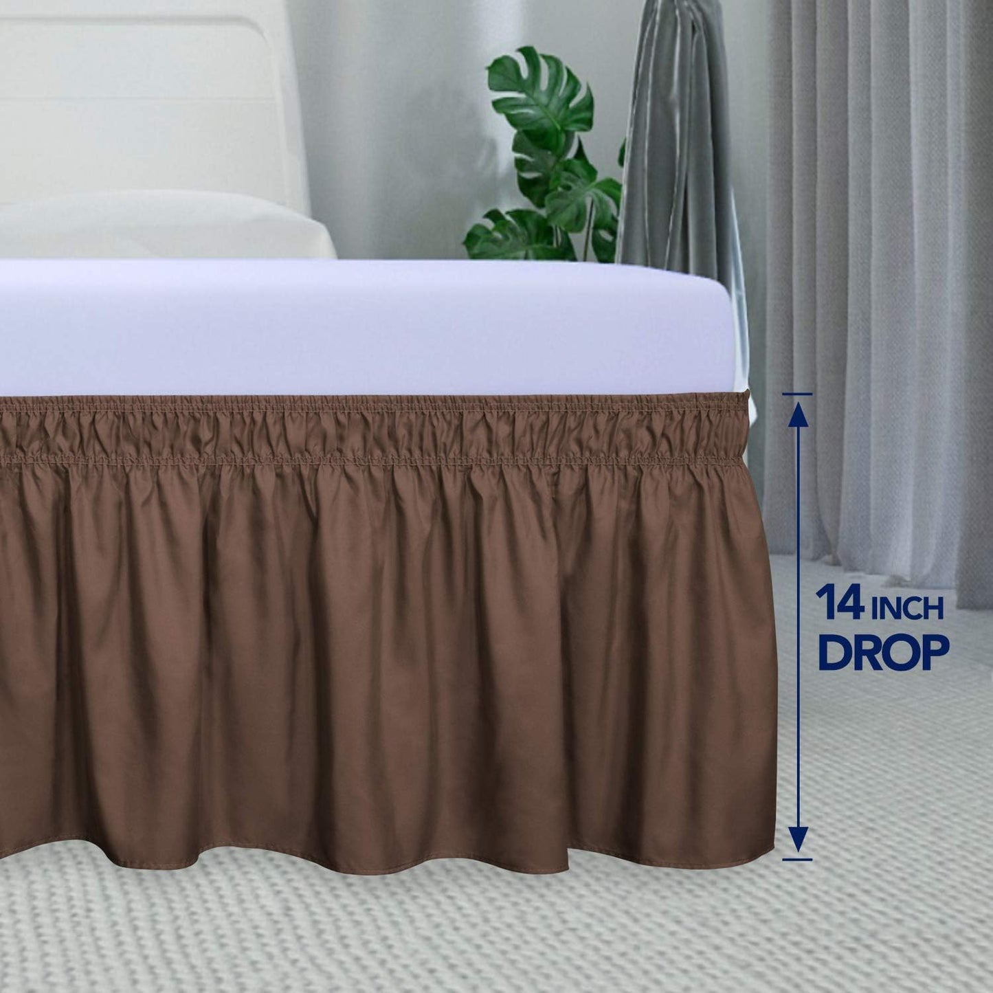 PureFit Wrap Around Ruffled Bed Skirt with Adjustable Elastic Belt - 14 Inch Drop Easy to Put On, Wrinkle Free Bedskirt Dust Ruffles, Bed Frame Cover for Queen, King and C-King Size Beds, Brown