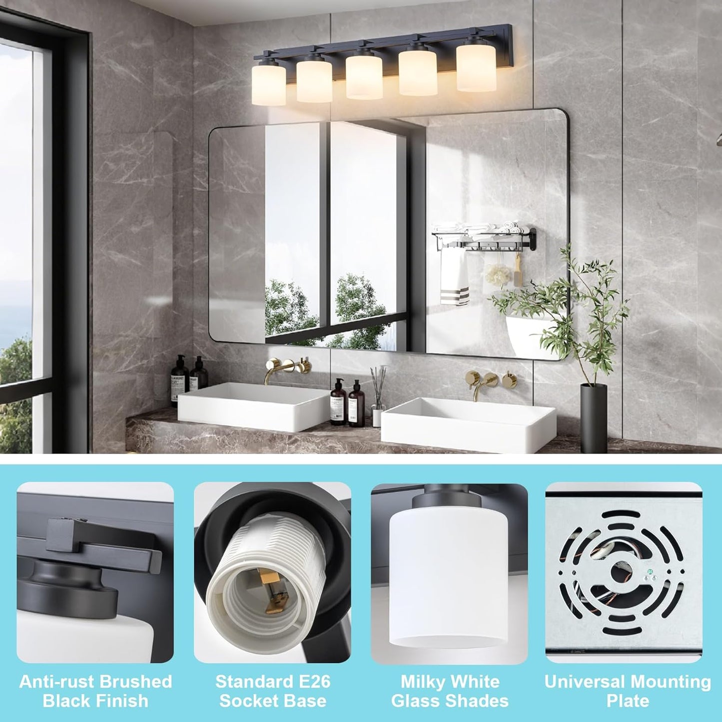 5 Light Modern Bathroom Light Fixtures Over Mirror, Black Vanity Lights for Bathroom Wall Sconces with Milky White Glass Shades, E26 Socket (Bulbs Not Included)