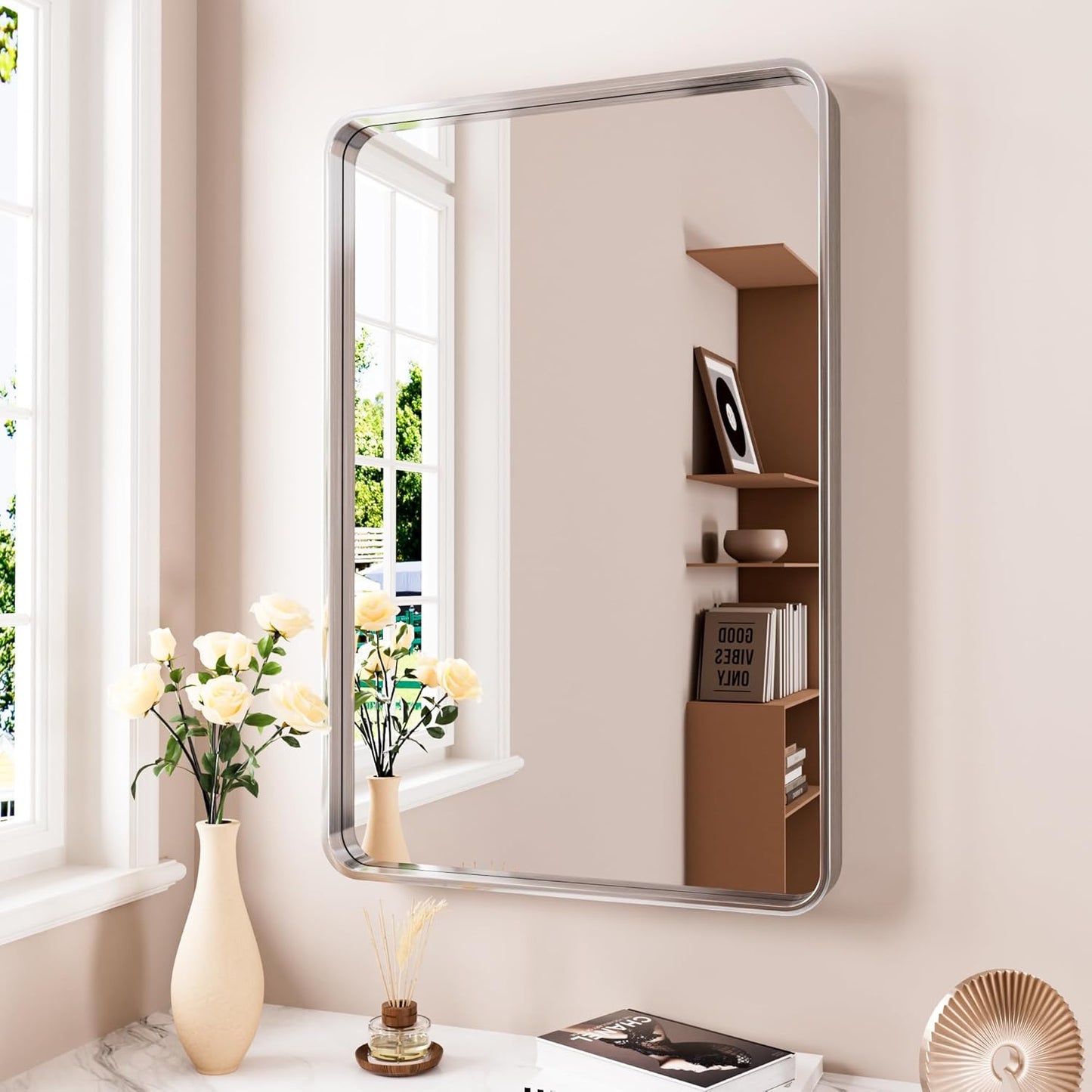 Brushed Nickel Bathroom Mirror 28x36 Inch, Brushed Silver Metal Frame Mirror Wall Mounted, Rounded Rectangle Bathroom Vanity Mirror, Tempered Glass, Anti-Rust, Horizontal/Vertical