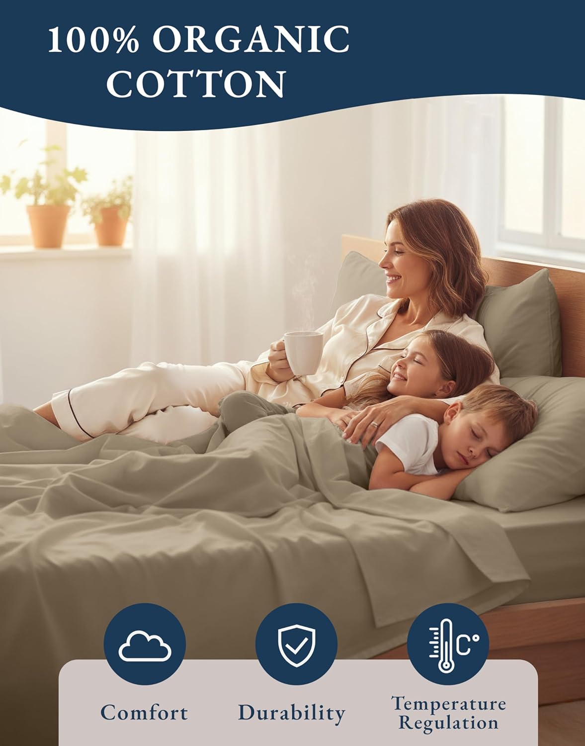 LANE LINEN 100% Organic Cotton Sheets Set Pure Long- Staple Percale Weave - Bedding for Bed Fits Mattress Upto 15" Deep Pocket (Queen Taupe)