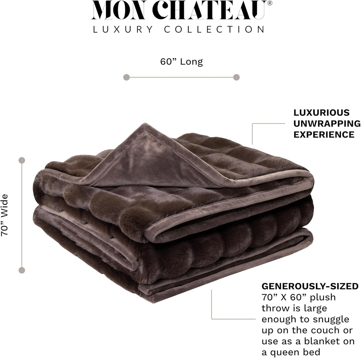 Mon Chateau 60" x 70" Hearthside Faux Fur Throw Blanket, Reversible Soft Blanket for Queen-Size Bed, Couch, or Sofa, Cozy Home Decor and Stylish Living Room Comfort, Chestnut