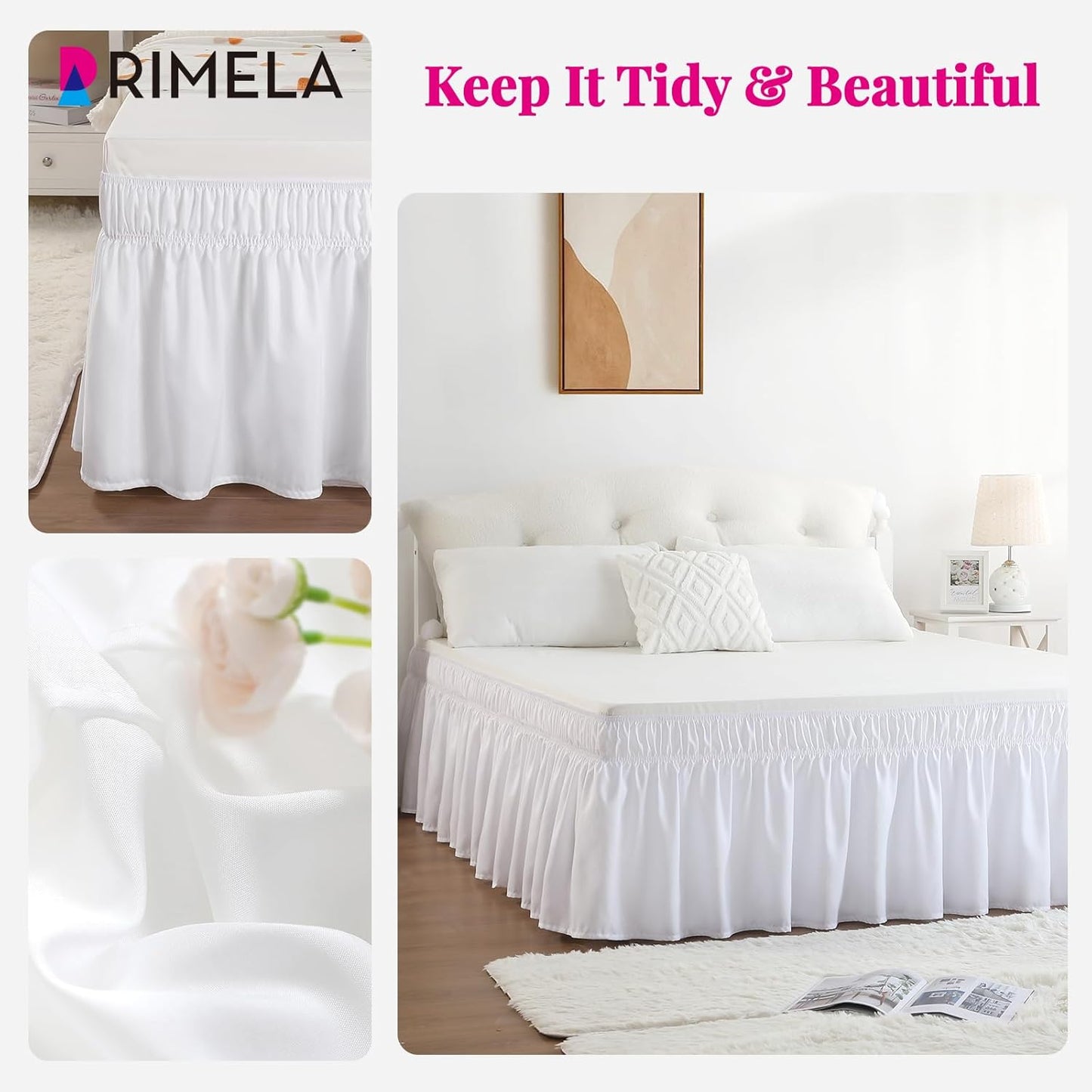 RIMELA White Bed Skirt Queen Size 15 Inch Drop, Elastic Bed Skirting for Bed Base and Frame, Bedding Dust Ruffle Easy to Install, Lightweight Wrap Around Adjustable Bedskirt
