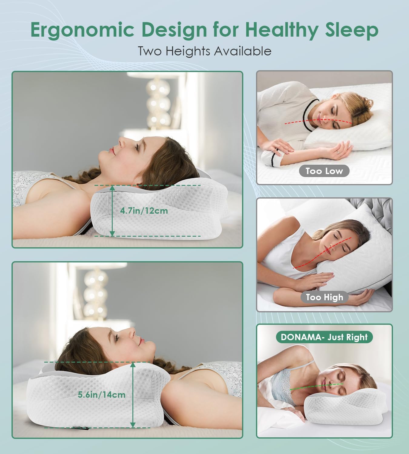 DONAMA Cervical Pillow for Sleeping, Contour Memory Foam Pillow for Neck and Shoulder Support, Ergonomic Neck Pillow for Side Back Stomach Sleepers, Bed Pillows with Cooling Pillowcase