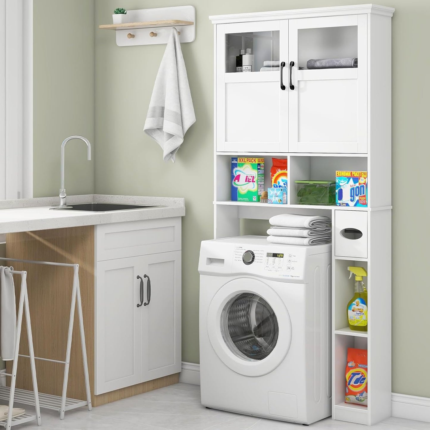 Vabches Freestanding Toilet Storage Cabinet with Double Doors, Shelf Space Saver, Anti-Tip Design & Adjustable Shelf, White