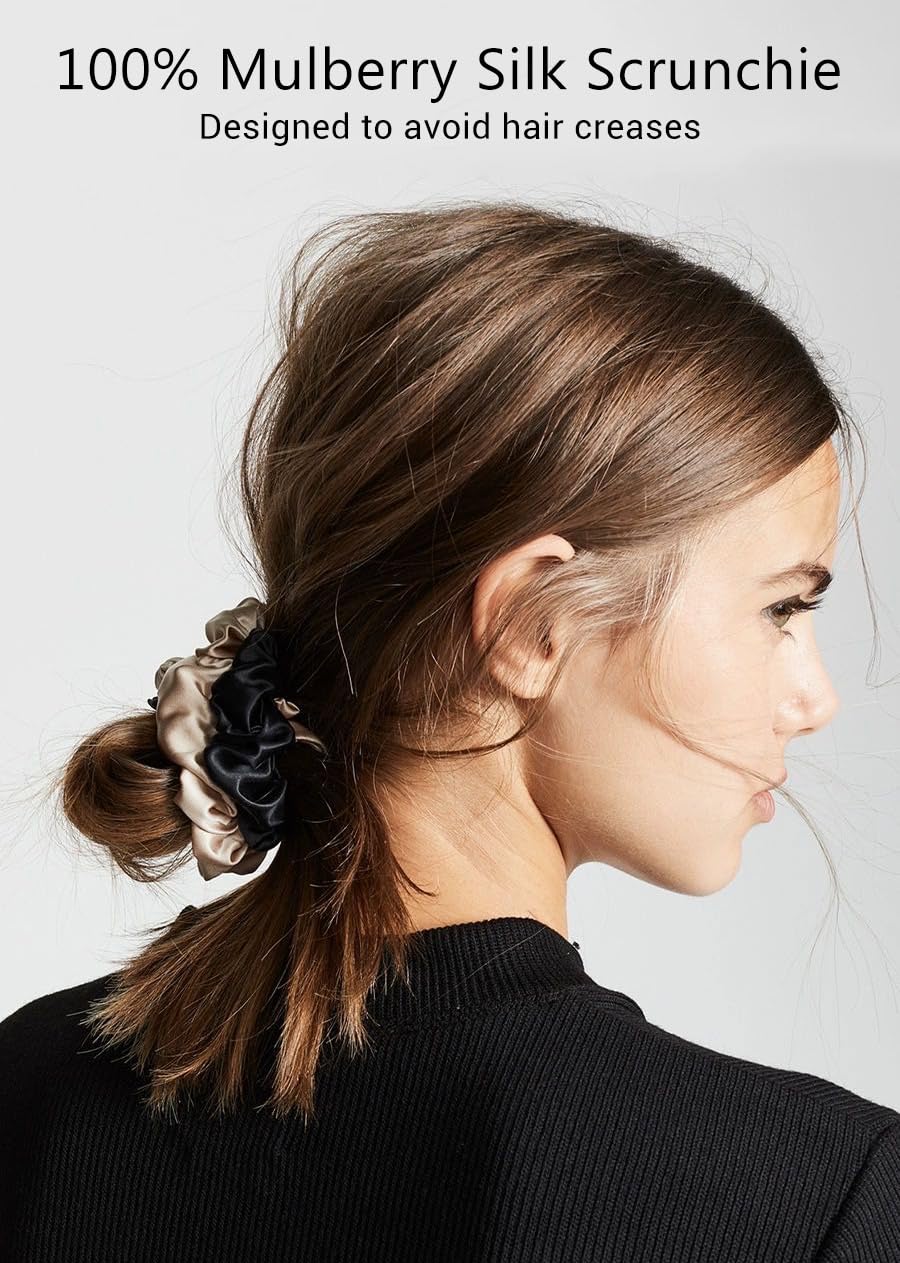 Non-Slip 100% Mulberry Silk Bonnet for Sleeping Women - Double Layer Silk Hair Wrap for Curly Hair, with Tie Bands to Secure the Cap (Black+Silver)