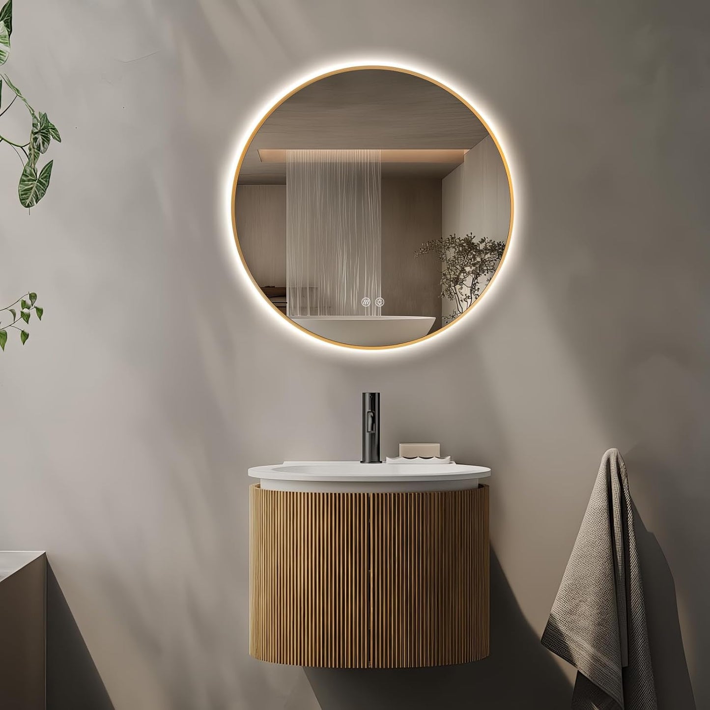 Niccy Round Led Mirror for Bathroom, 24" Backlit Mirror for Wall Circle Lighted Mirror with Gold Frame Anti-Fog, 3 Colors, HD Glass and IP65 Waterproof