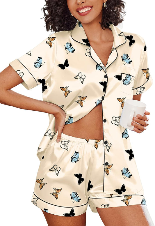 Ekouaer Pajamas for Women Set Silk Satin Pjs Shorts Sleepwear 2 Piece Loungewear S-XXL