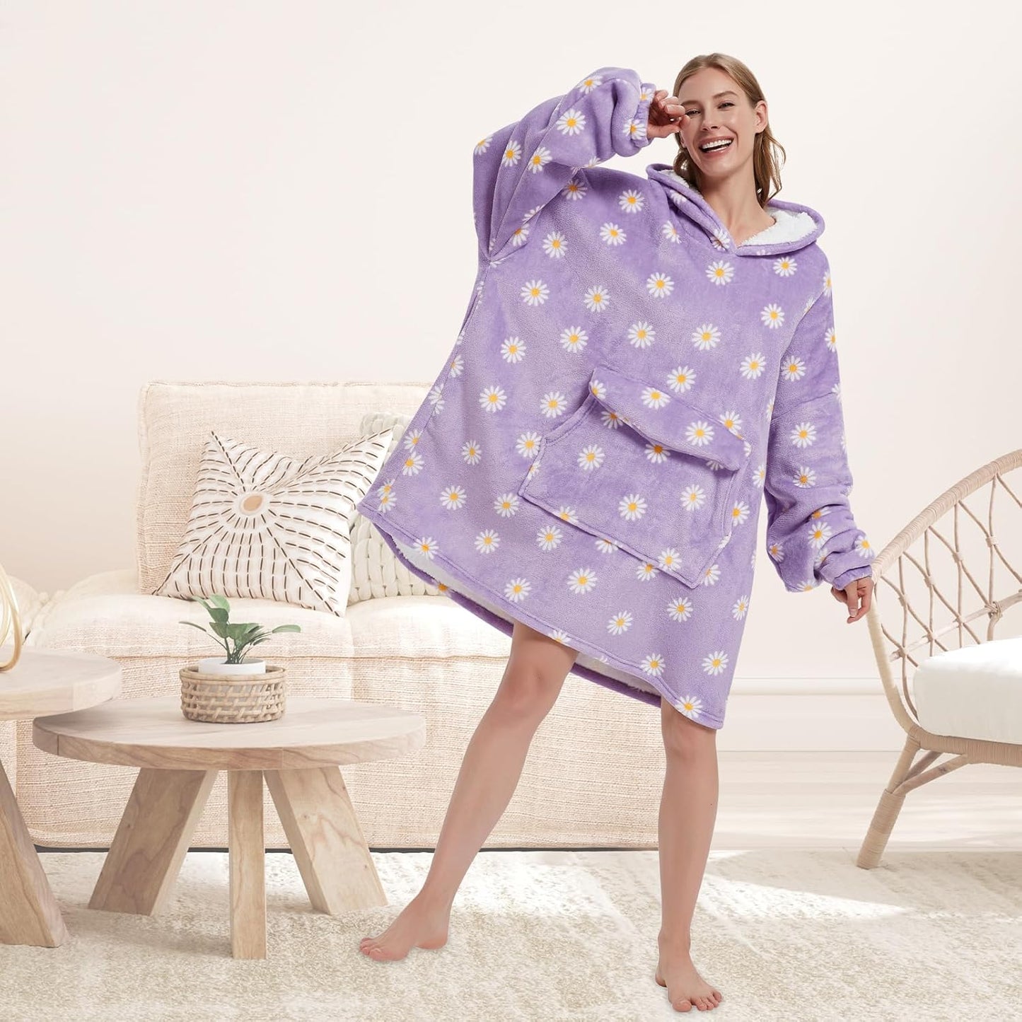 Wearable Blanket Hoodie for Adult,Oversized Sherpa Fleece Blanket Hoodie for Women Men,Daisy