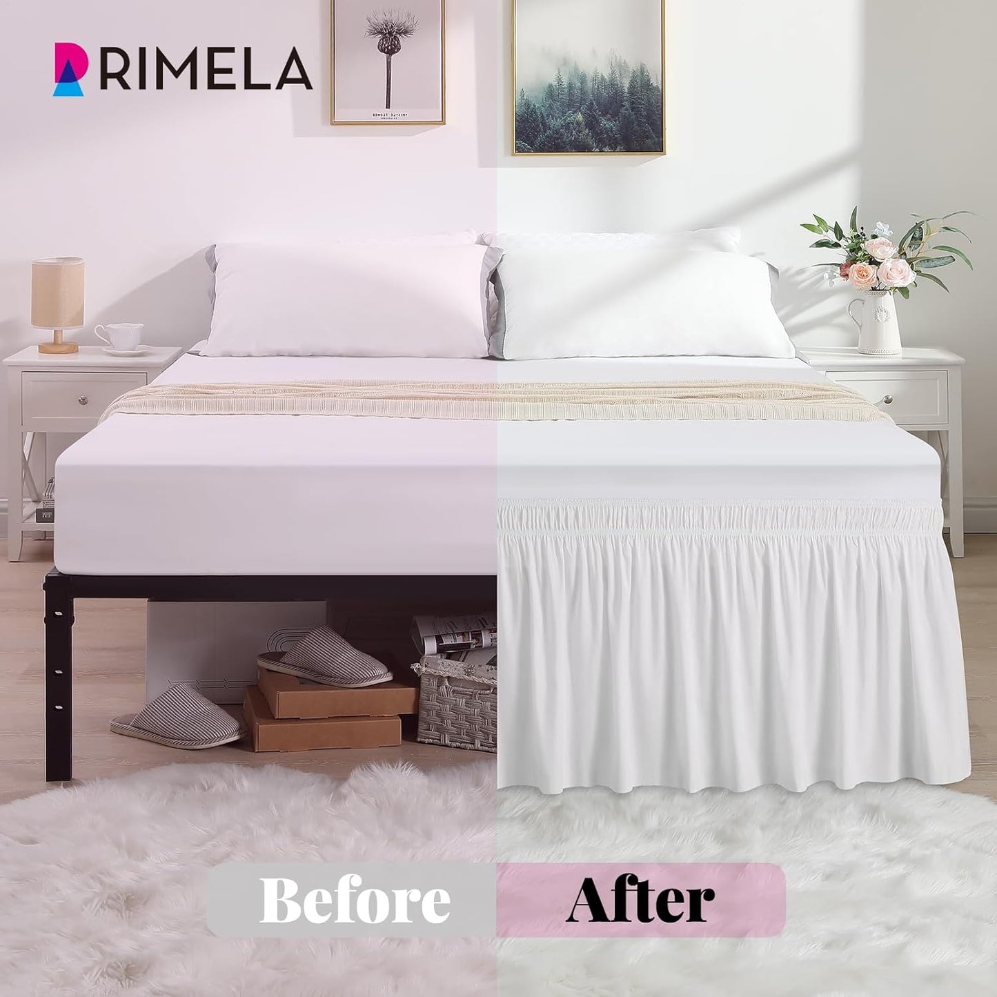 RIMELA White Bed Skirt Twin Size 12 Inch Drop, Elastic Bed Skirting for Bed Base and Frame, Bedding Dust Ruffle Easy to Install, Lightweight Wrap Around Adjustable Bedskirt
