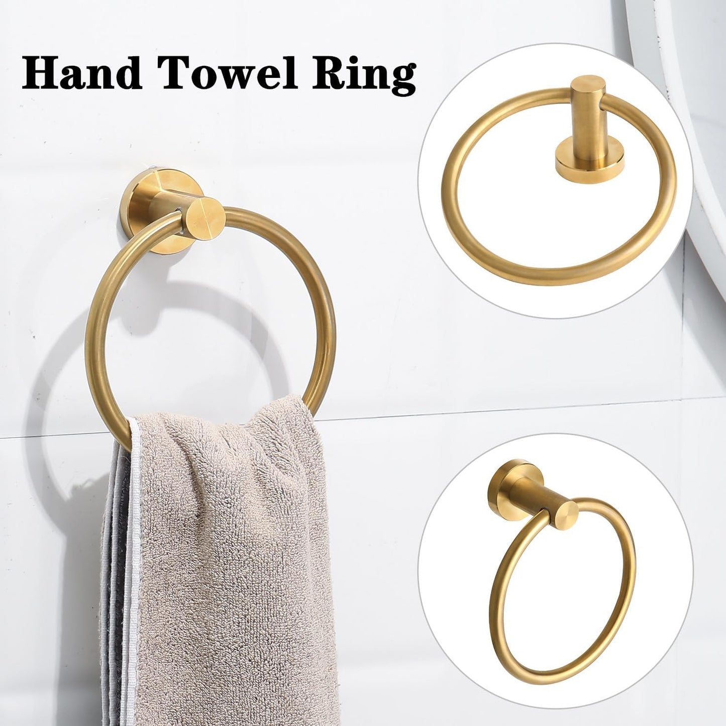 4 Piece Brushed Gold Stainless Steel Bathroom Hardware Set Include Hand Towel Ring, Toilet Paper Holder,and 2 Robe Towel Hooks,Bathroom Accessories Kit
