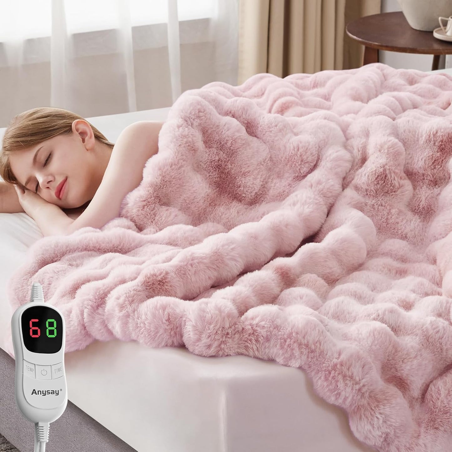 Heated Blanket Throw with 1/2/4/6/8 Hours Auto-Off 10 Heat Level, 50'' * 60'' Cozy Faux Rabbit Fur Bubble Electric Blanket with Overheat Protection(Tie-Dye Pink)