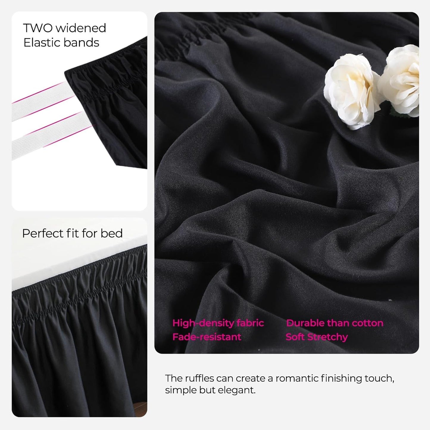 RIMELA Black Bed Skirt King Size 18 Inch Drop, Elastic Bed Skirting for Bed Base and Frame, Bedding Dust Ruffle Easy to Install, Lightweight Wrap Around Adjustable Bedskirt