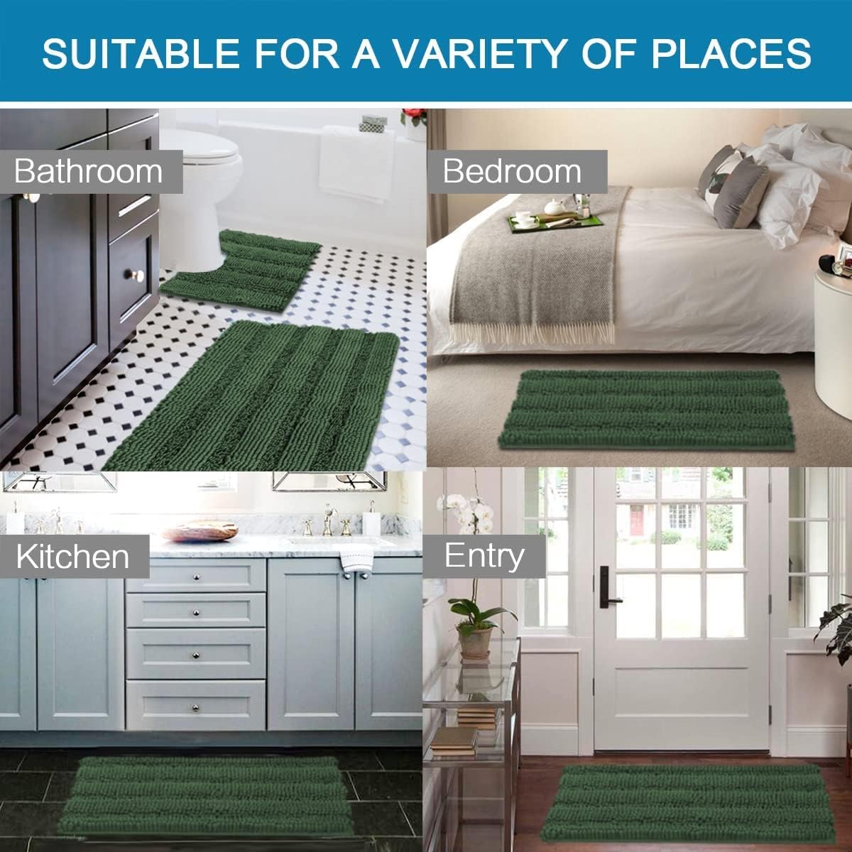H.VERSAILTEX Bathroom Rugs Bath Rugs for Bathroom Non Slip Bath Mats Extra Thick Chenille Striped Rug 17" x 24" Absorbent Soft Shaggy Washable Dry Fast Bath Mats for Bath Room Floor - Bronze Green